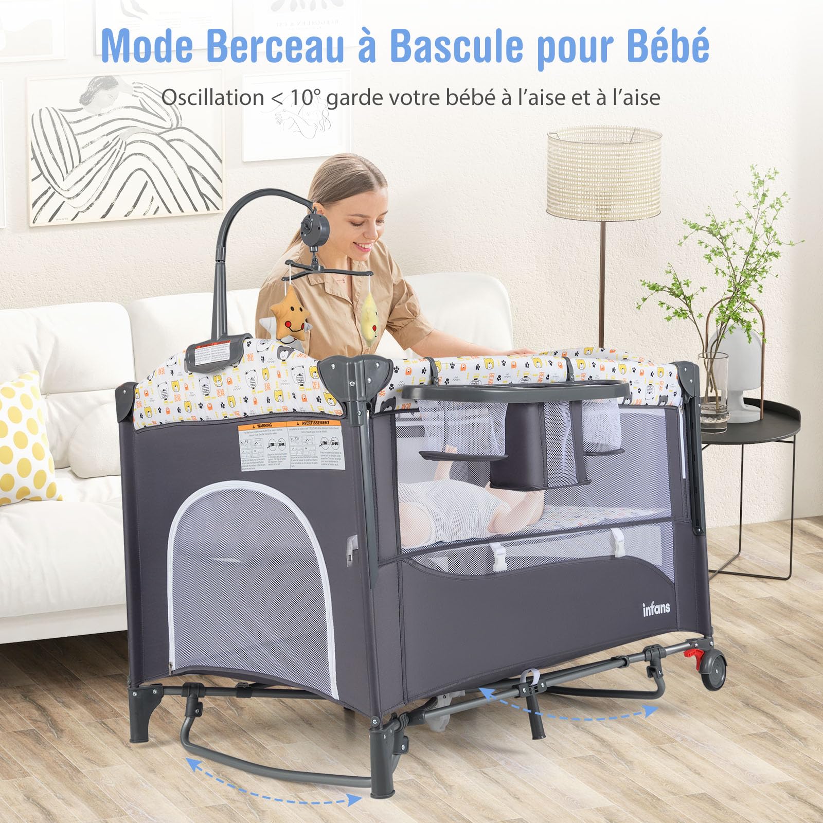 GOPLUS Cuna Lateral a la Cama, con Cambiador, Cojín Suave, Soporte para Juguetes y Espacio de Almacenamiento, Ajustable en Altura, Parque para Bebé de 0-9 Meses con 2 Ruedas y Bolsa (Gris)