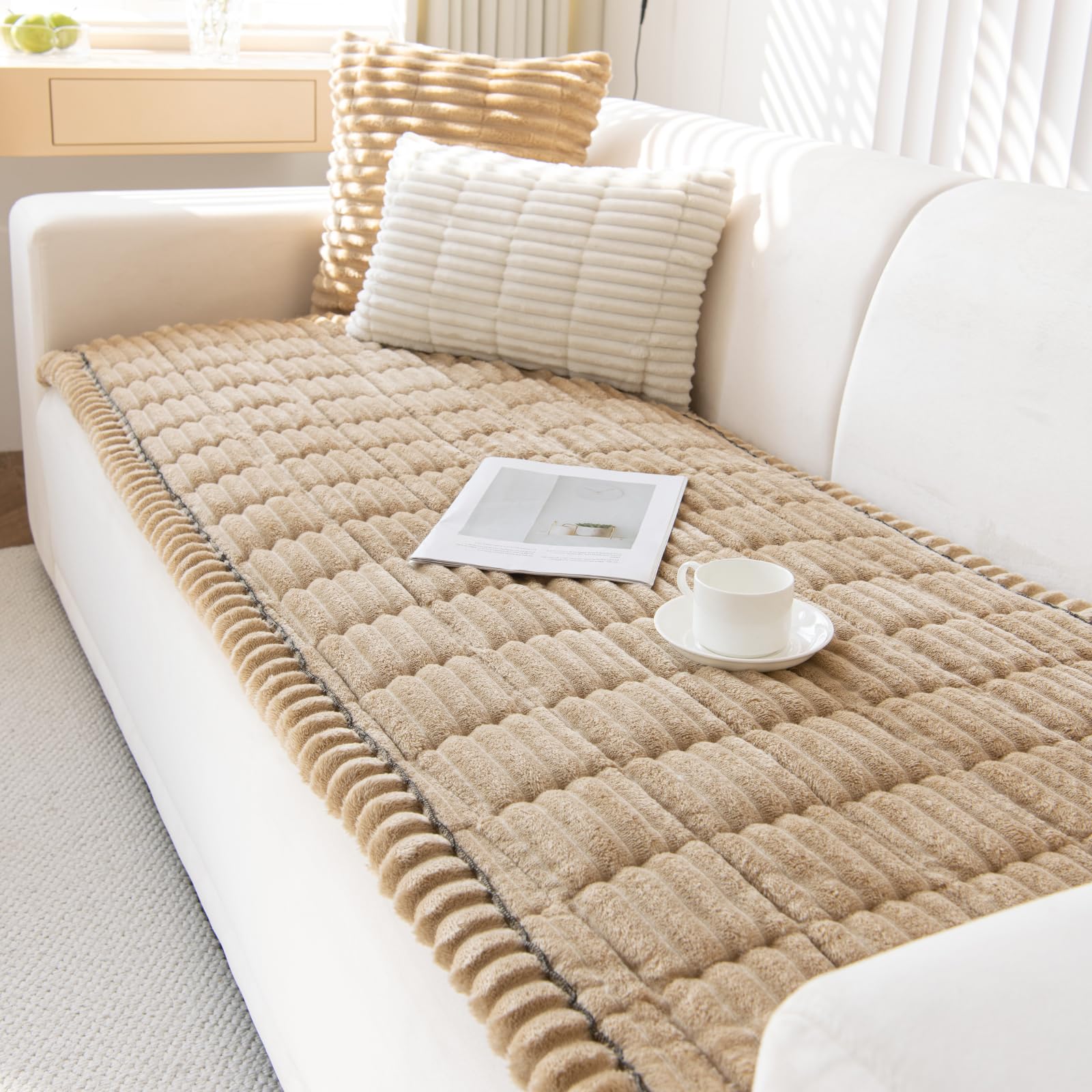 tianxinbaobei Plush Sofa Cover Washable, Cozy and Soft Faux Fur Couch Covers, Non Slip Fuzzy Furry Sofa Mats for Babies Pets(Khaki/28x59 in/Loveseat