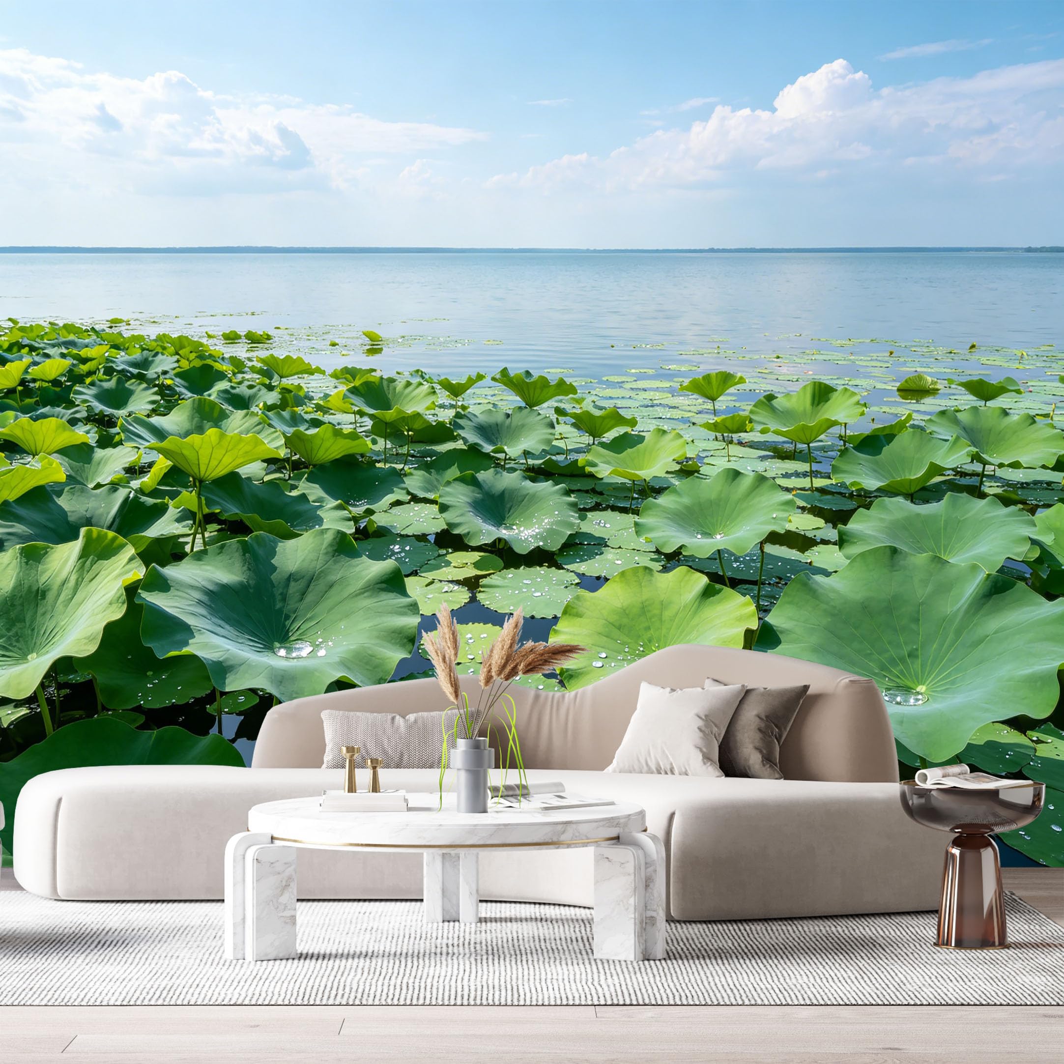 Custom Size Wall Murals Lotus Pond Landscape Watercolor Lake View Blue Sky SelfAdhesive Wall Fabric Removable Large Wallpaper for Photo Living Room