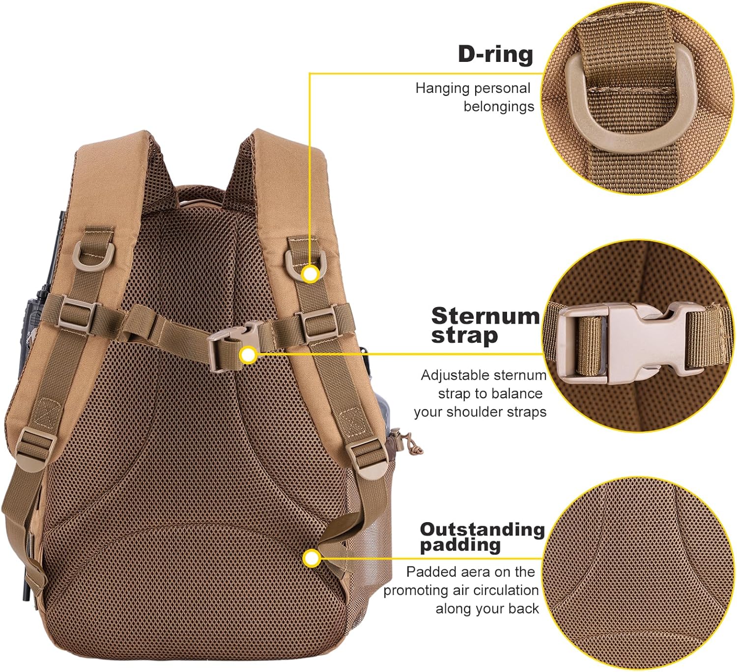 Tactical Hiking Backpack with 180° Open Design, Molle Webbing, Padded Laptop Compartment, Lightweight for Outdoor Adventures (tan) - Image 5