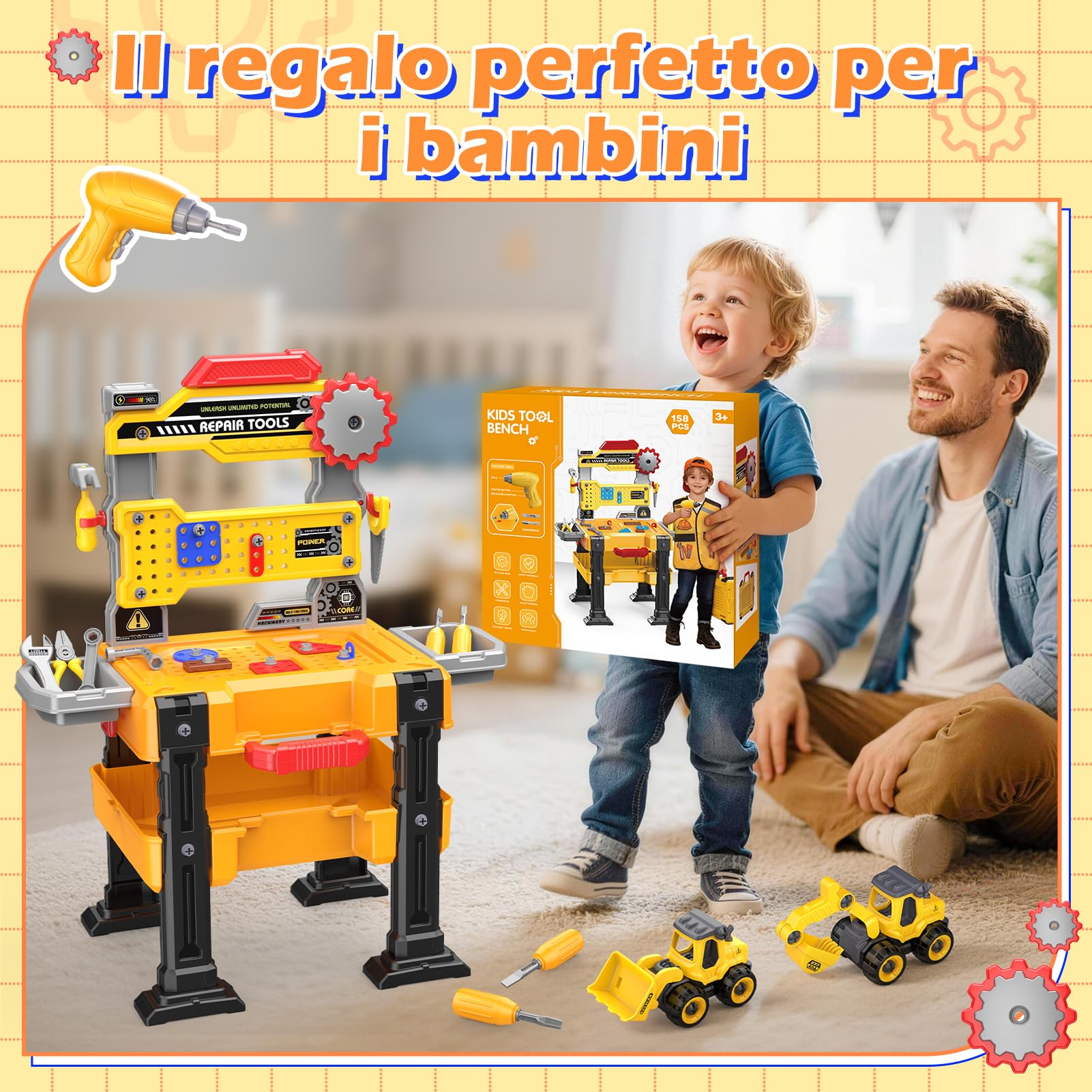 Giocattoli per Bambini Maschi 3-5 Anni: Banco da Lavoro con Trapano Elettrico Realistico, Veicoli da Costruzione Smontabili e Costume, Giochi Imitazione Educativi, Regalo Compleanno per Bambini