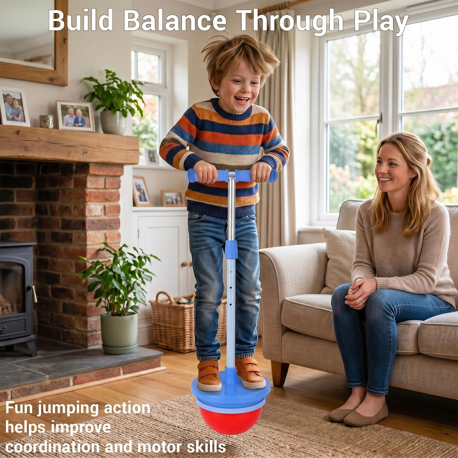 Hüpfball Kinder Höhenverstellbar - 2 In 1 Springball mit Griff - Pogo Ball Bis 300 Kg Für Kinder und Erwachsene - Outdoor Spielzeug Ab 3 4 5 6 8 Jahre - Balance und Koordination Training (Dunkelblau)