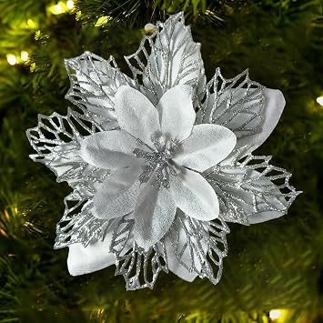 Poinsettia Flowers for Christmas Tree, 12 Pcs Glitter Christmas Flowers Artificial Poinsettia Flowers with Clips Stems Xmas Tree Ornaments for Christmas Party Wreath Decoration Hollow Silver