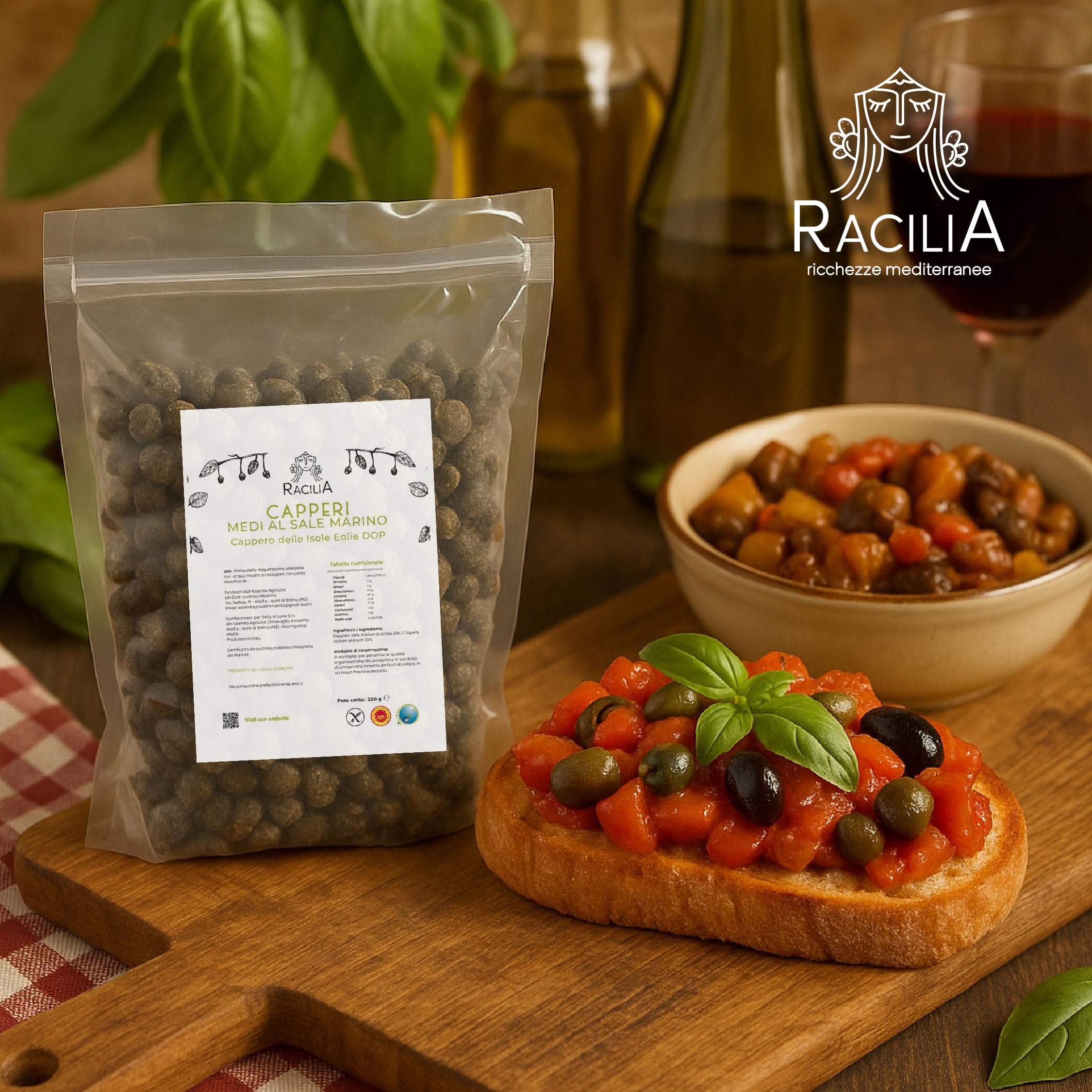 Câpres moyennes au sel - Câpres des îles Éoliennes d'Italie - Sans gluten - 250gr (2 Pièces = 500 Gr)