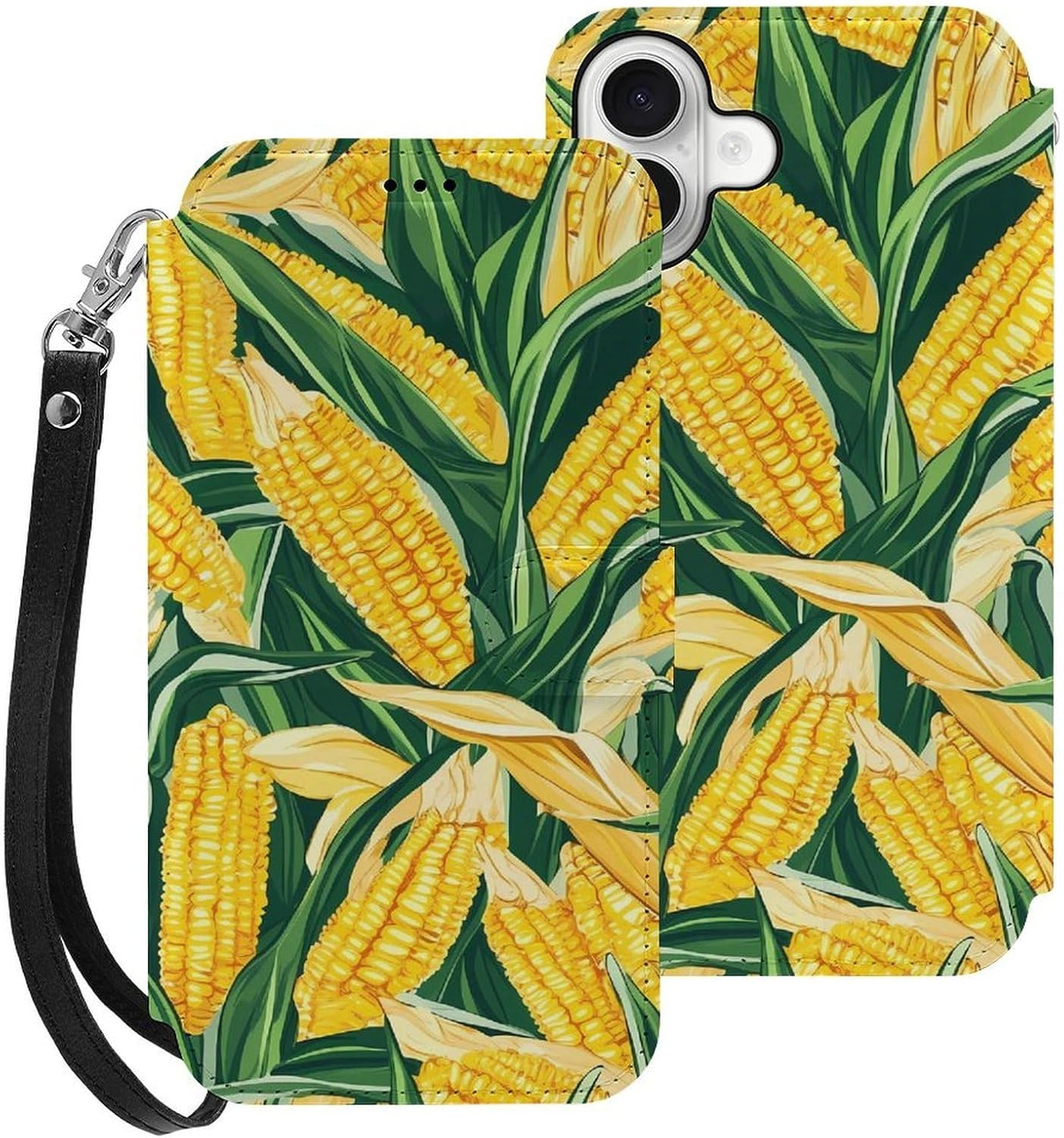Yellow Corn Green Leaves Compatible with iPhone 16/16 Plus/16 Pro/16 Pro Max/16 E Case Phone Wallet Card Holder Flip Cover with Wrist Strap