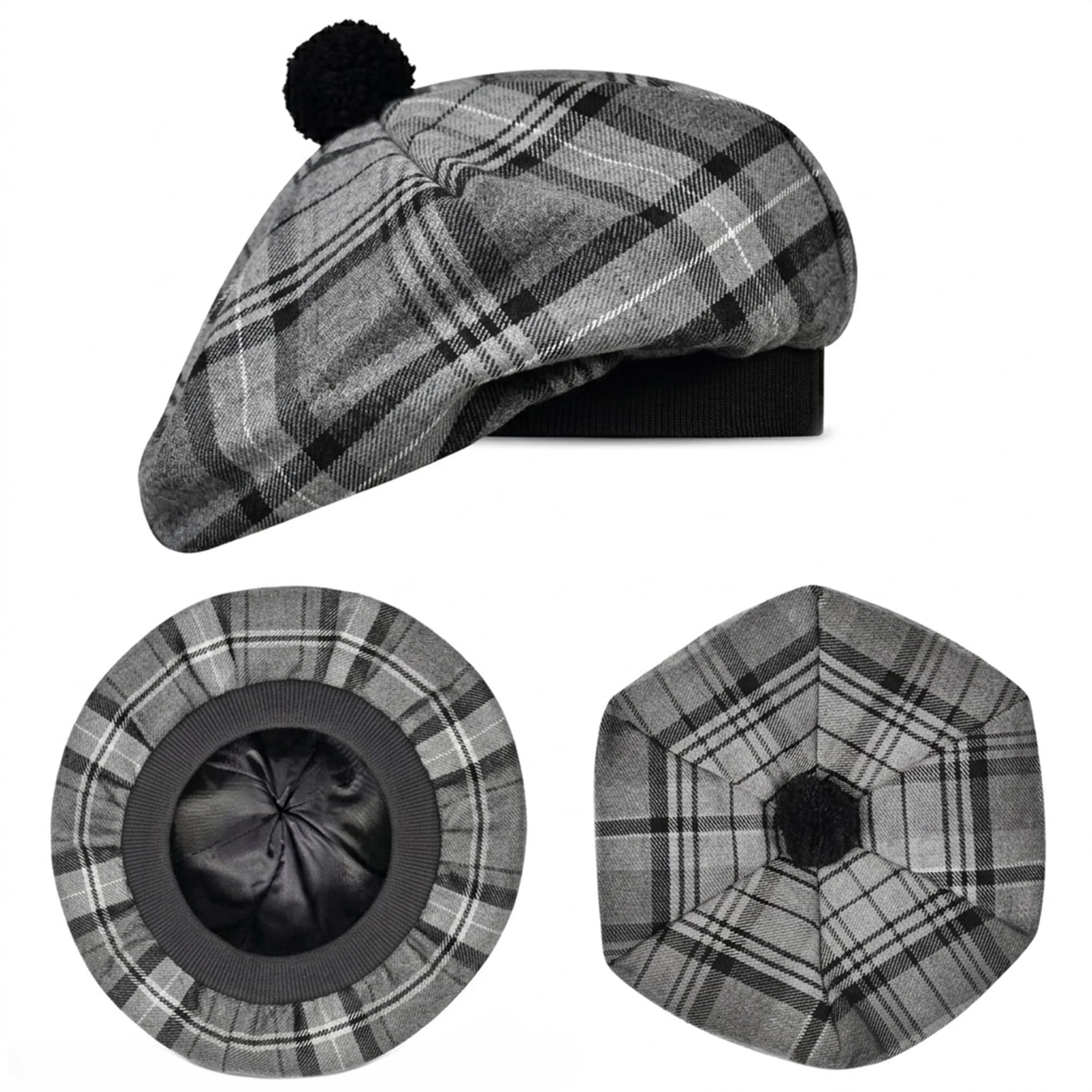H Highland Redstone Unisex Grey Hamilton Scottish Hat Tam O Shanter Scottish Bonnet Tartan Hat Acrylic Wool With Pompom (Uk, Alpha, One Size, )