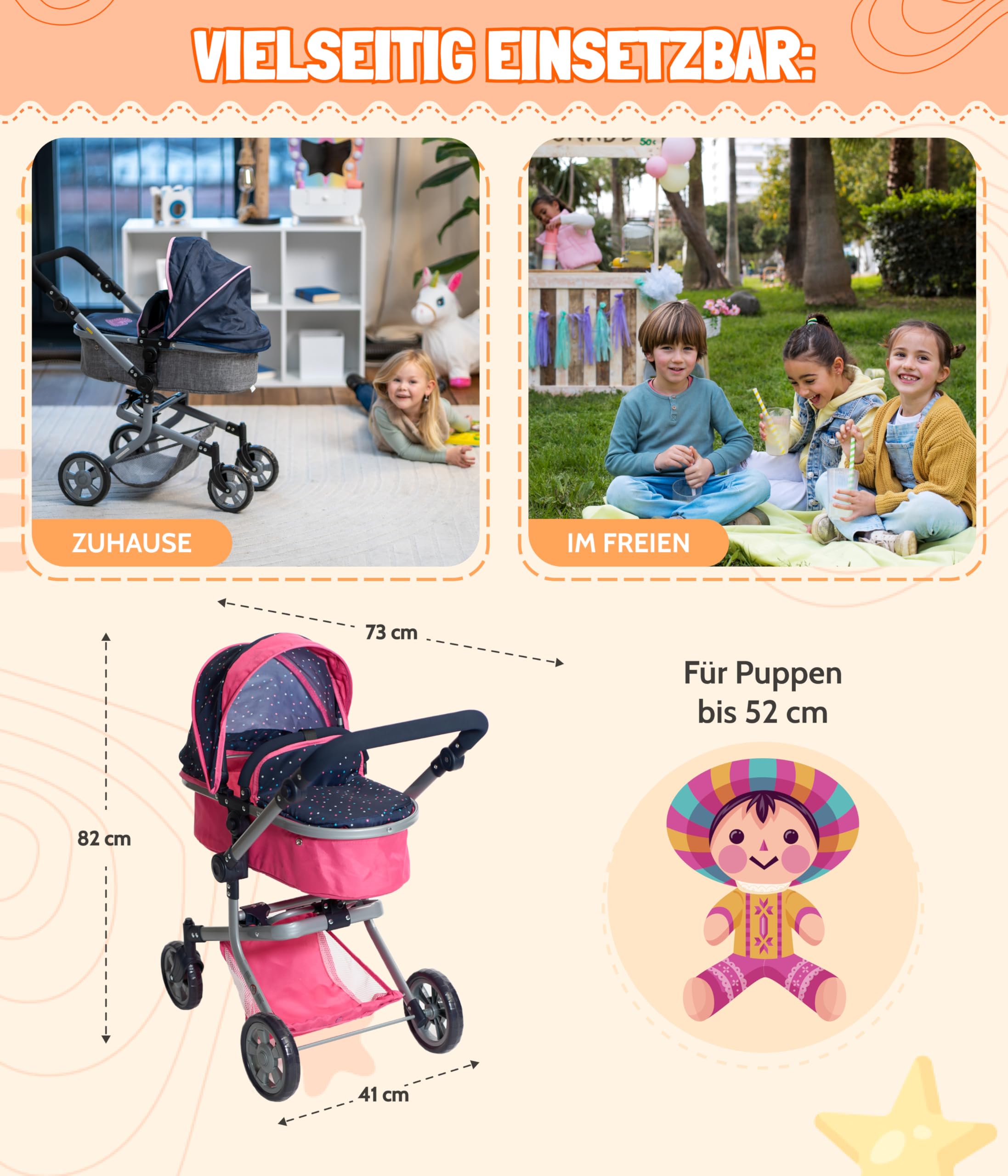 Bayer Chic 2000 - Passeggino per bambole Mika, passeggino combinato 2 in 1 per bambini dai 4 agli 8 anni, passeggino per bambole fino a 52 cm, coriandoli rosa