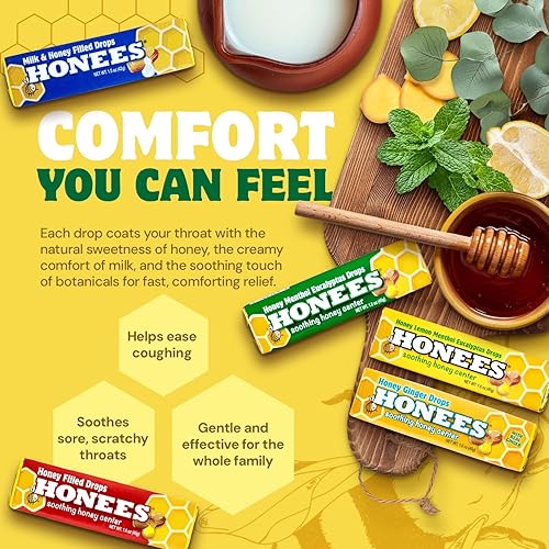 Miniatura 6 de Honees Gotas rellenas de miel, paquete variado (miel, leche y miel y mentol) - Alivio natural del dolor de garganta, pastillas para la garganta,