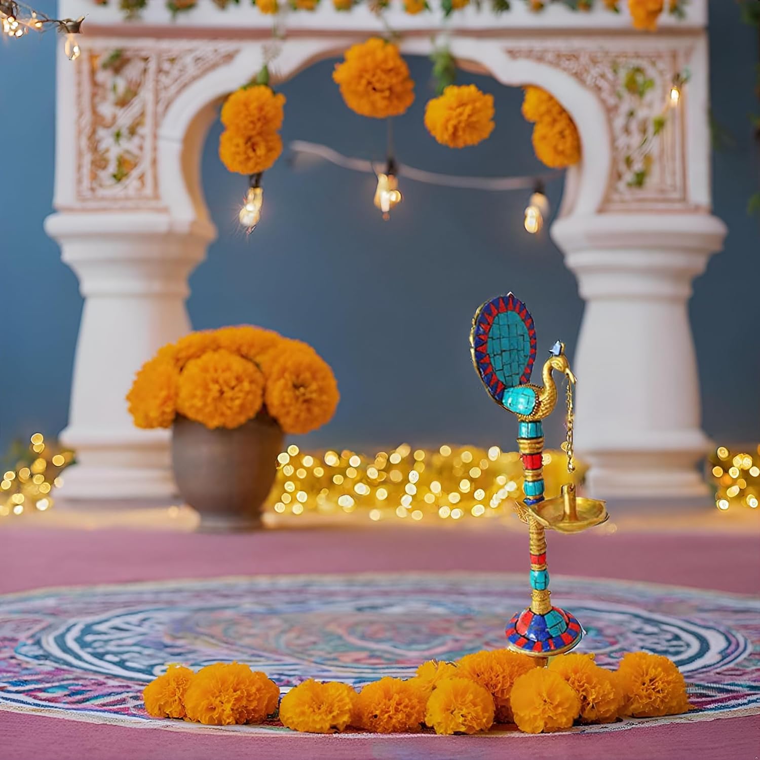 PARIJAT HANDICRAFT Chritmas's Sale Decors Peacock Oil Lamp with Stone Work