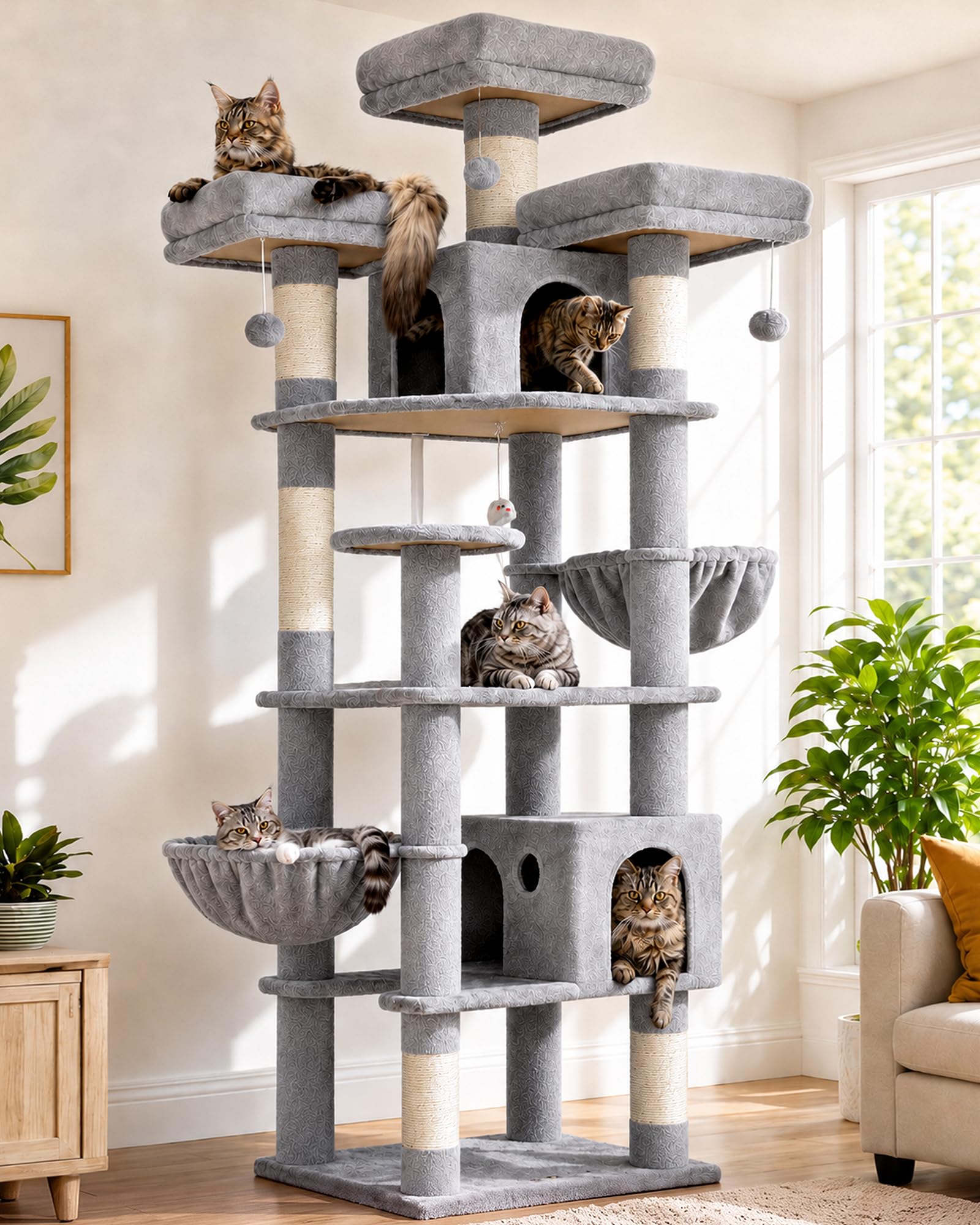 Photo 1 of ****CHECKED  7/11 - AS IS/NO RETURNS - SALE FINAL - FOR PARTS ONLY****Globlazer Cat Trees and Towers for Multiple Adult Cats, 82-inch XXL Tall Cat Tree Tower for Indoor Cats with Scratching Post, 3 Perches, 2 Condos, 2 Hanging Baskets, F82, Light Grey