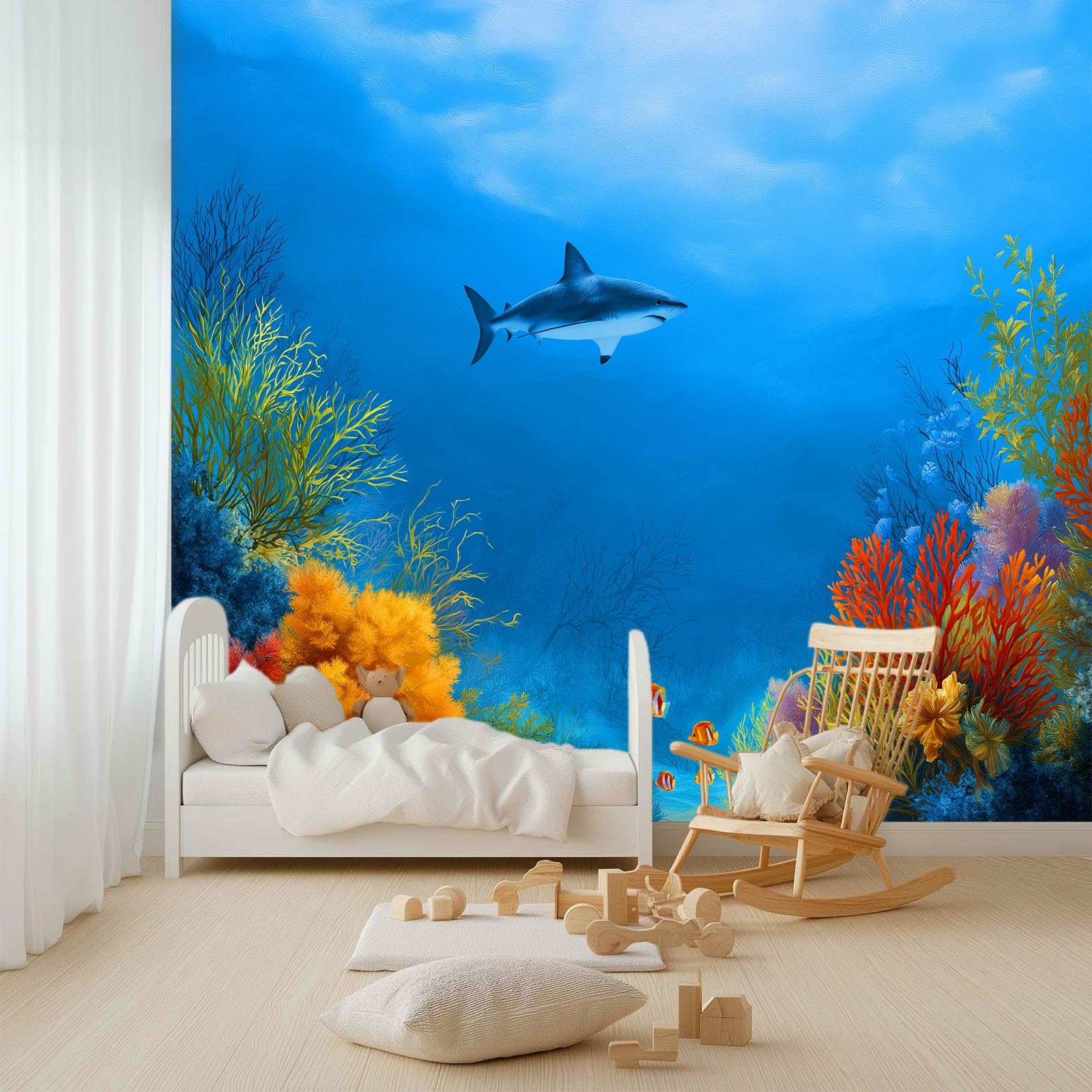 Genérico 300 x 210 cm, papel pintado panorámico azul, papel pintado fotográfico no tejido, revestimiento de pared, decoración de salón, para dormitorio, efecto 3D, acuario, animales peces