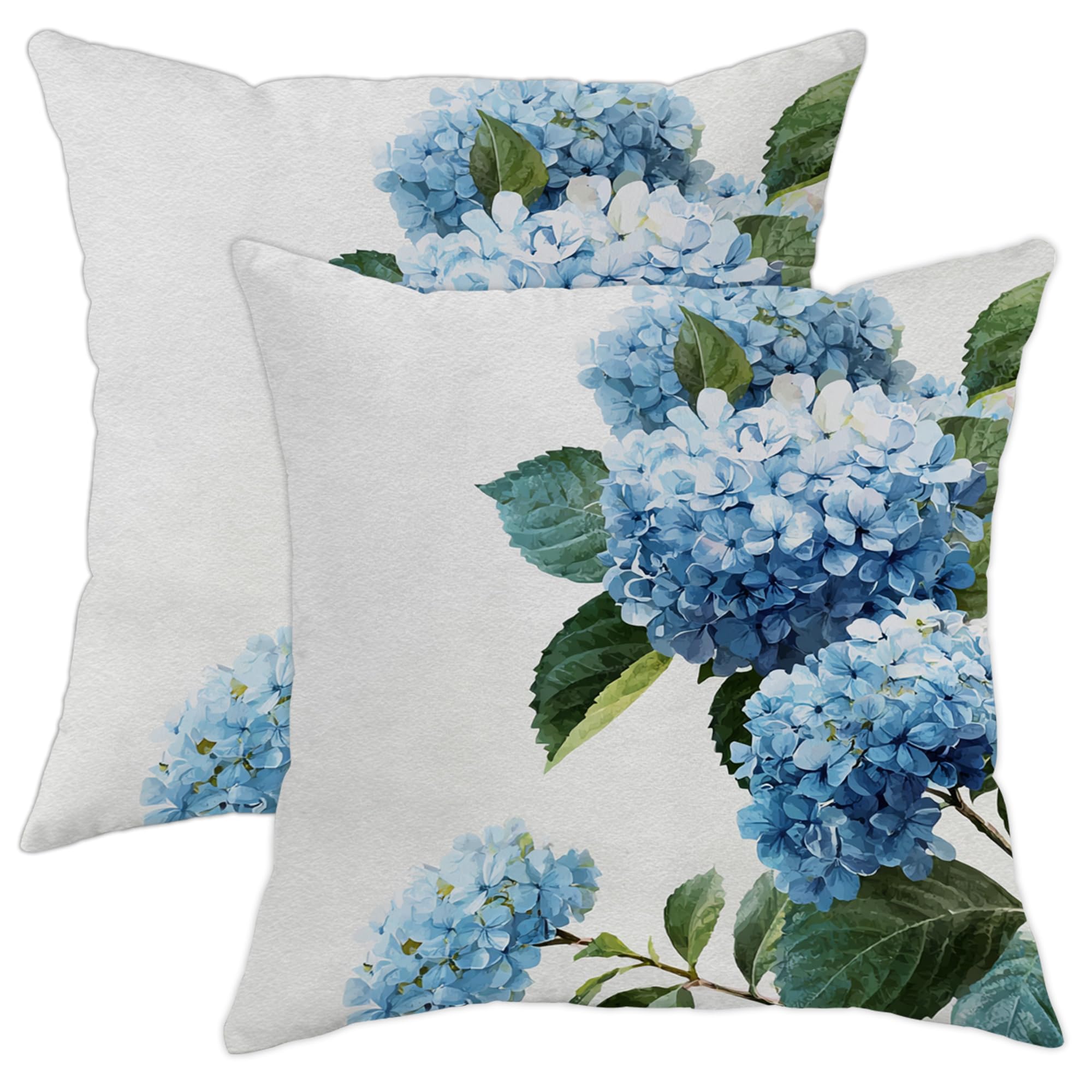 Spring Pillow Covers Set of 2, Blue Hydrangea Flower Plant Decorative Pillows Case, Indoor Outdoor Farmhouse Decor Cushion Covers for Home Sofa Bed