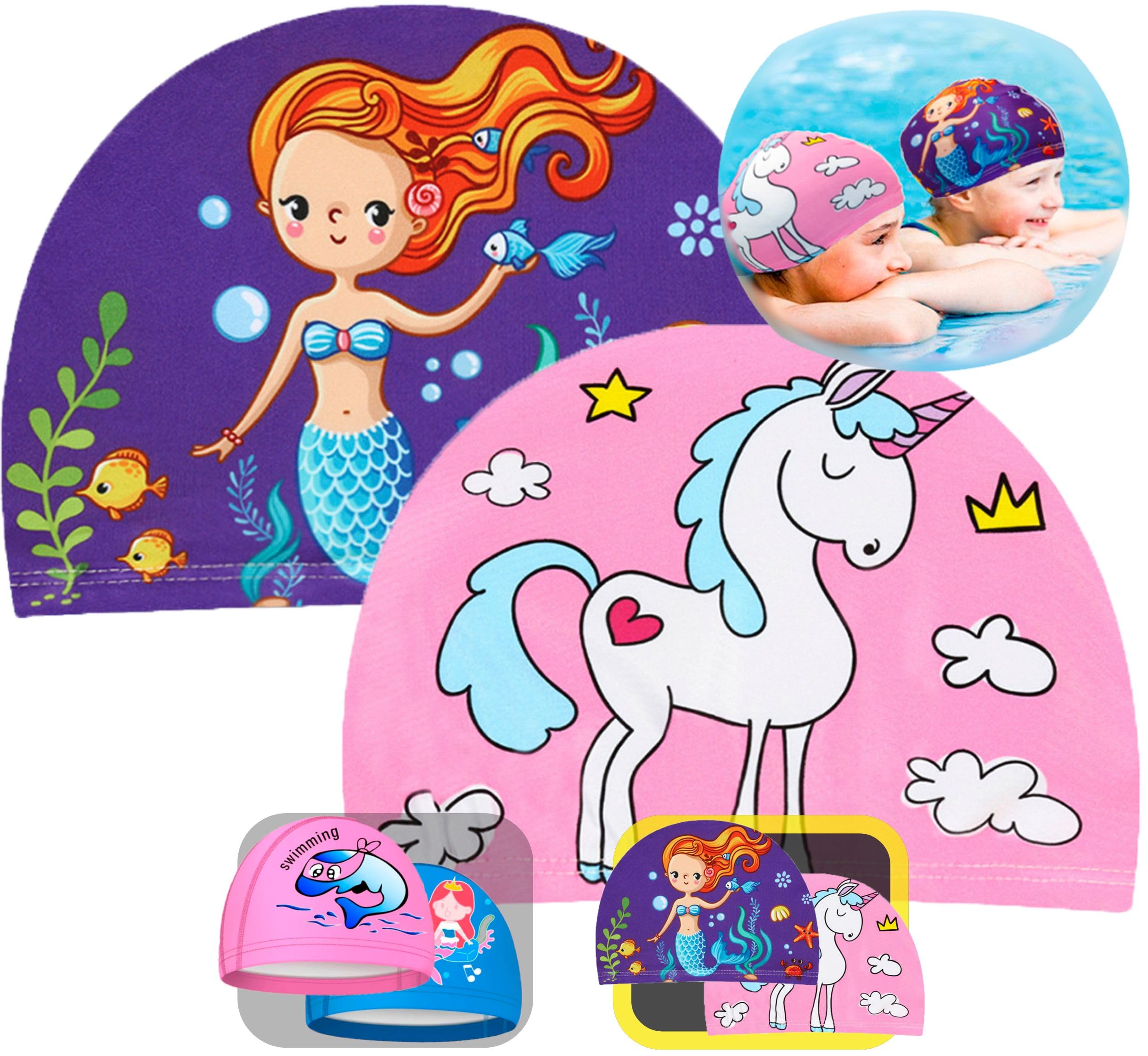 IKHAI® Gorros Natación Niña - 2 Unidades - 1 a 10 Años - Gorro Piscina Niña - Natación Accesorios Gorro Piscina Niño - Gorro Piscina Bebe - Fácil de Poner - Tela Elástica