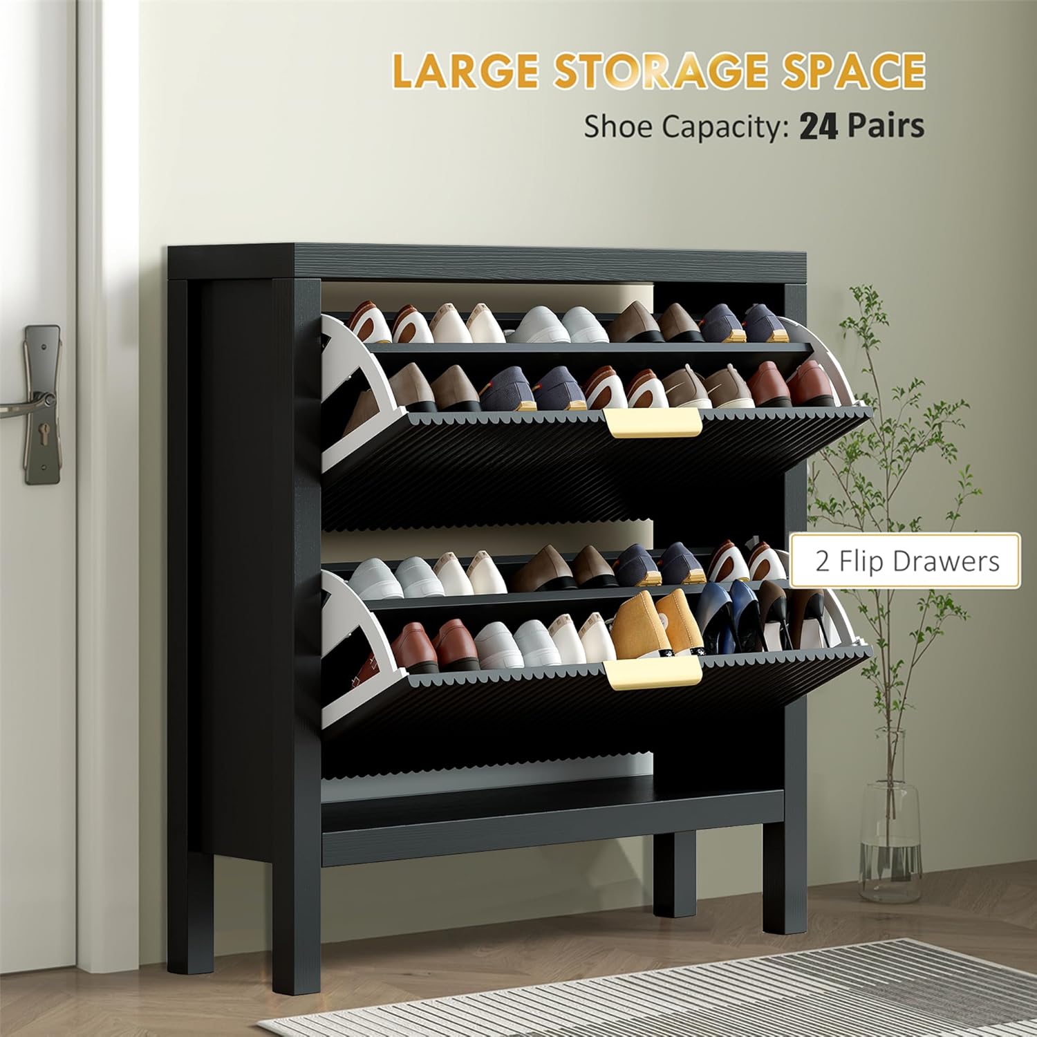 Modern 4-Tier Flip Drawer Shoe Cabinet, Freestanding Hidden Slim Narrow Shoe Rack Cabinet, Wooden Large Capacity Shoe Storage Cabinet Shoe Organizer, for Entryway, Hallway, Black X2