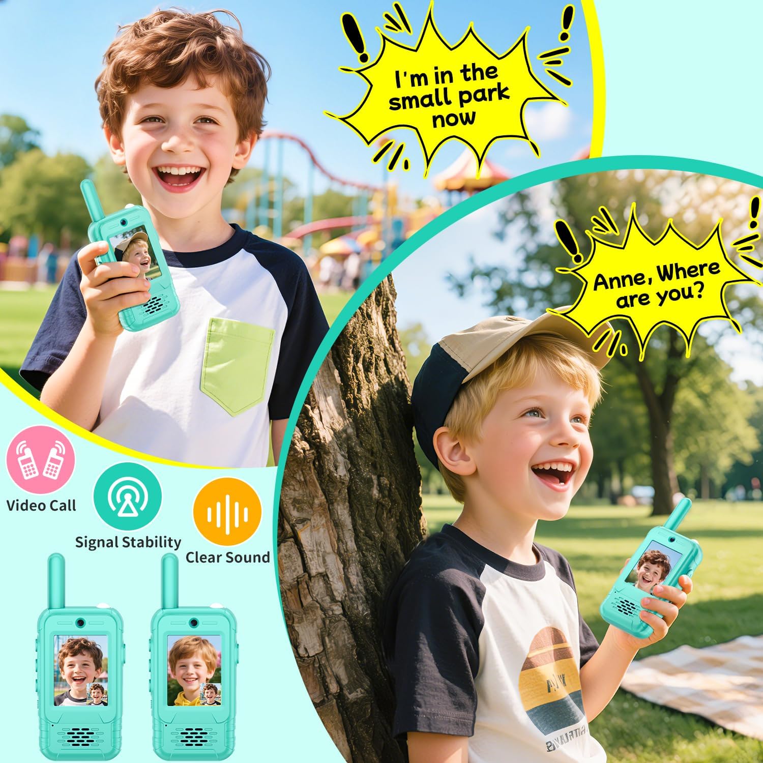 Video Walkie Talkies for Kids, 2 Pack Rechargeable Kids Walkie Talkies Long Range with Flashlight Outdoor Christmas Birthday Toddler Toys Gifts for 3-12 Year Old Boys Girls for Outside, Camping Travel