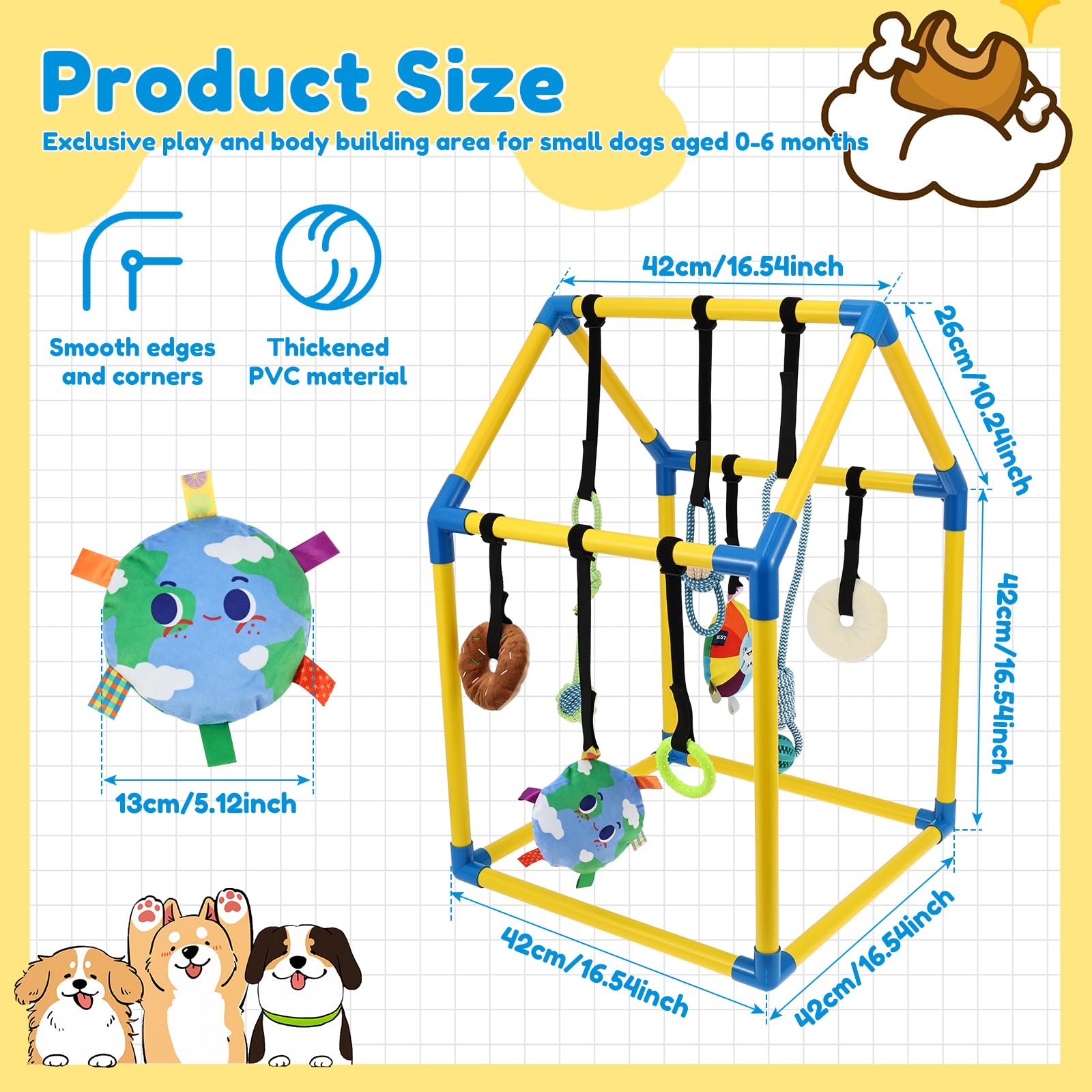Gimnasio para cachorros con 8 juguetes colgantes, juguete de gimnasia en la selva para perros pequeños con marco de PVC y correa elástica para entretenimiento, dentición divertida y estimulación