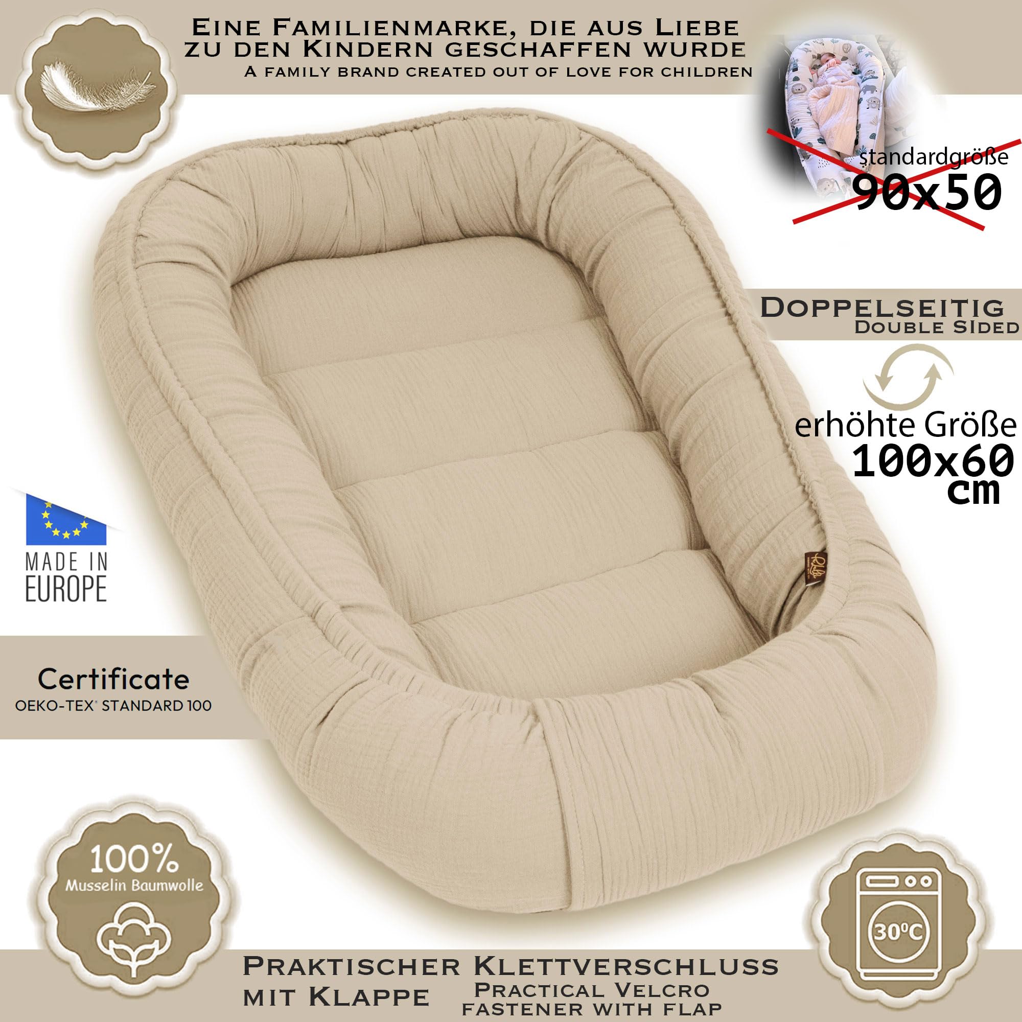 PaLulli Babynest aus 100% Musselin Baumwolle Premium Kuschelnest Babynestchen 100x60cm Klettverschluss-Klappe Nestchen Wickelauflage Kuschelbett Kokon für Babybett - Babys und Säuglinge … (Beige)
