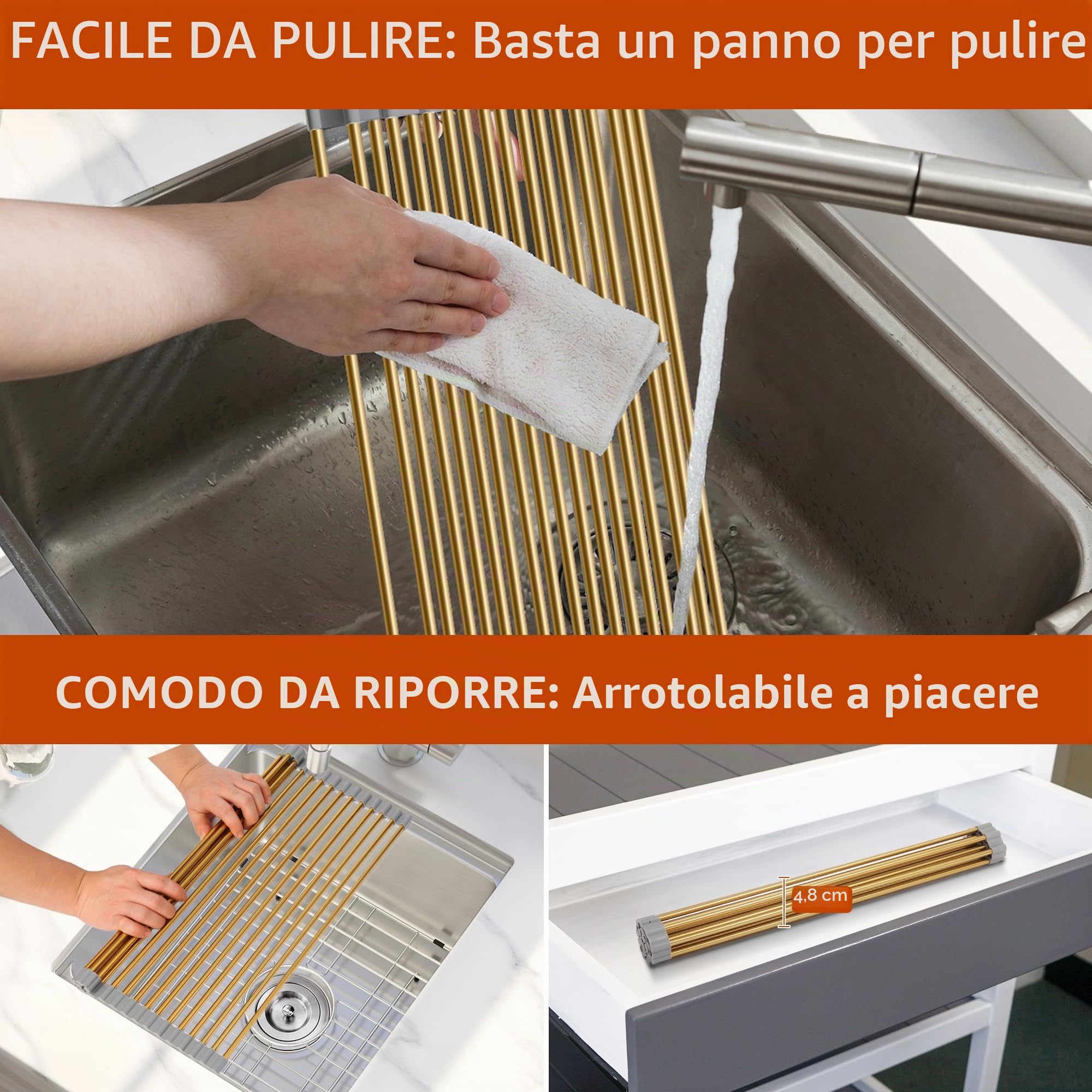 Scolapiatti arrotolabile dorato, grande, in acciaio inox, sopra il lavello, per piano di lavoro della cucina, applicabile per lavelli di larghezza inferiore a 41,9 cm (oro, 45 x 33 cm)