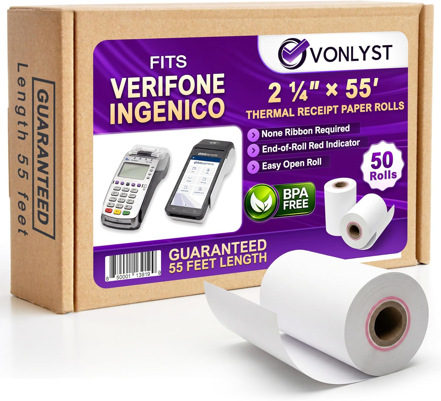 Verifone & Ingenico Thermal Paper Rolls 2 1/4" x 55' (50 Pack) BPA Free Receipt Paper for VX520 VX680 T650 V400m ICT220 ICT250 Desk 3500 Move 5000 Credit Card Machine