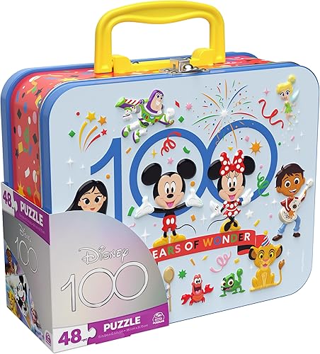 Miniatura 5 de Disney100 aniversario, rompecabezas de 48 piezas en caja de almuerzo con mango de lata de metal, rompecabezas para niños de 4 a 8 años, juguetes de