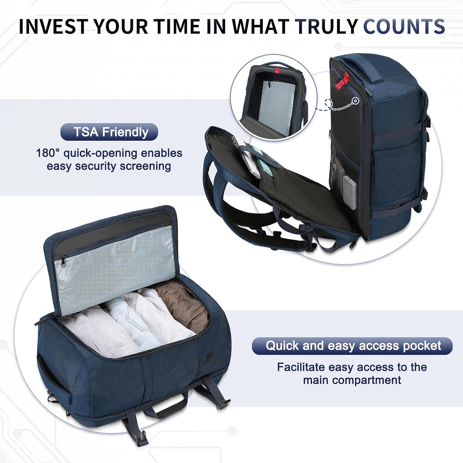 40L Travel Backpack, TSA Friendly Flight Approved Carry on Backpack for Men Women, Fits 17.3 Inch Laptop with USB-A&C Ports, Weekender Bag, Blue - Image 5