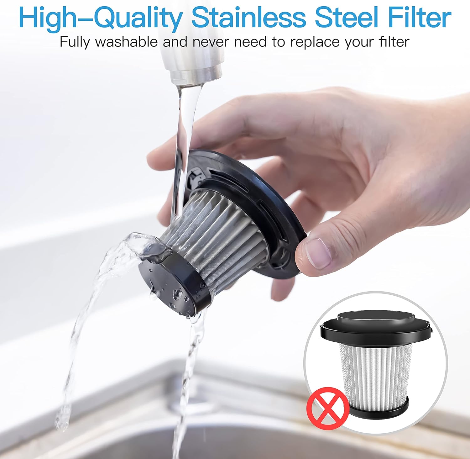 ALACRIS Cordless Handheld Vacuum Cleaner, Dry/Wet Dual-Use Lightweight Vacuum with 8500PA Strong Suction, Washable Stainless Steel Filter, LED Light, 3 Attachments for Pet Hair, Home, Office and Car -