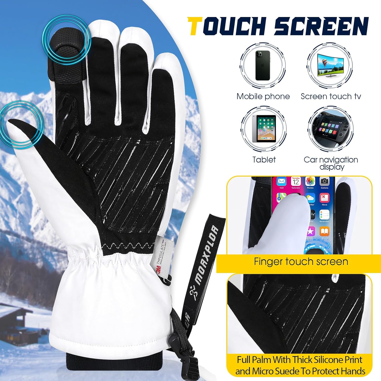 Ski Snow Gloves for Men Women,3M Thinsulate Insulated Warm Winter Snowboard Windproof Winter Touchscreen Snowmobile Gloves for Cold Weather - Image 3