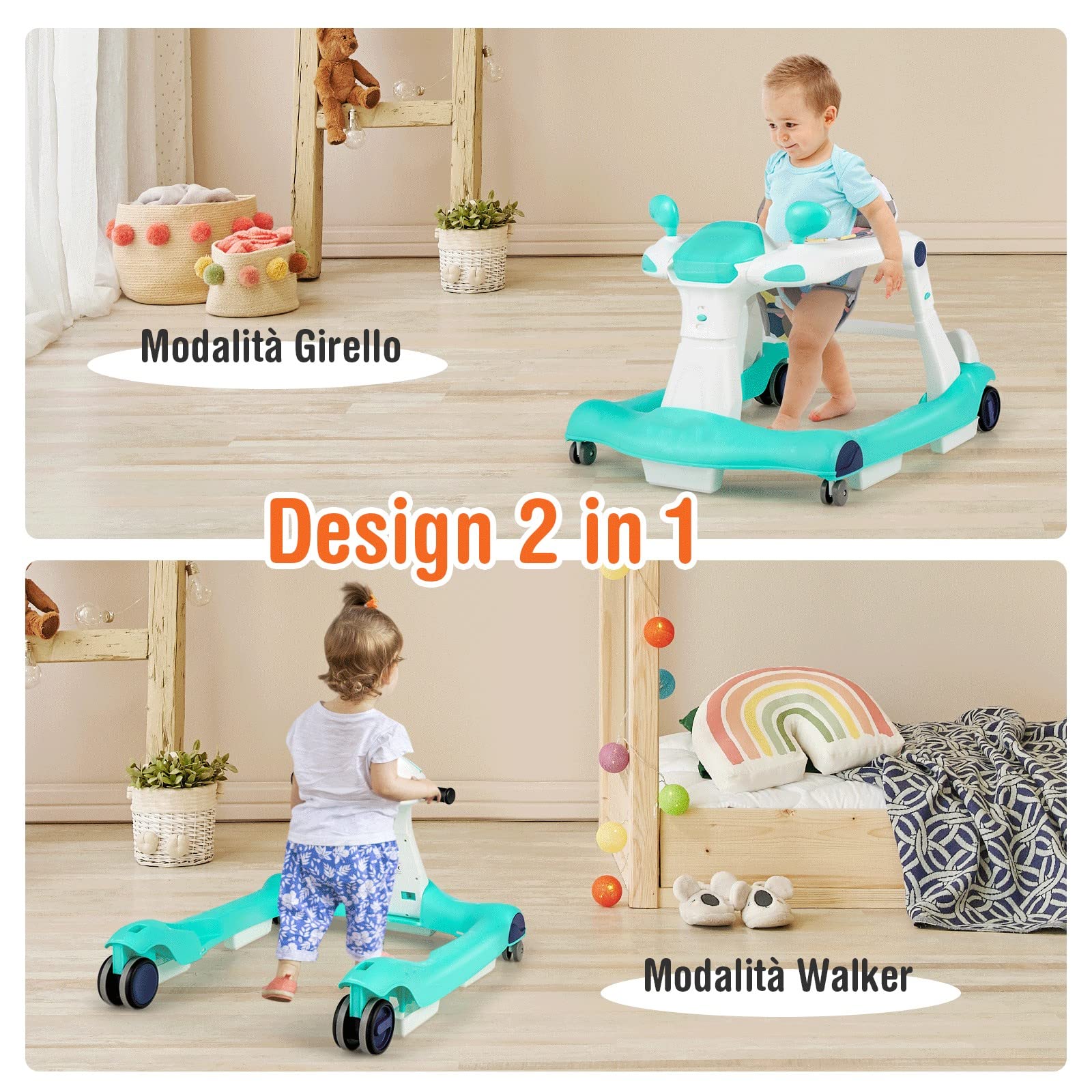 GYMAX Girello per Bambini, Design 2 in 1, con Sedile Regolabile e Ruote Universali, Girello Dotato di Illuminazione e Musica per Bambini dai 6 a 18 Mesi, 73 x 59,5 x 50,5cm (verde)
