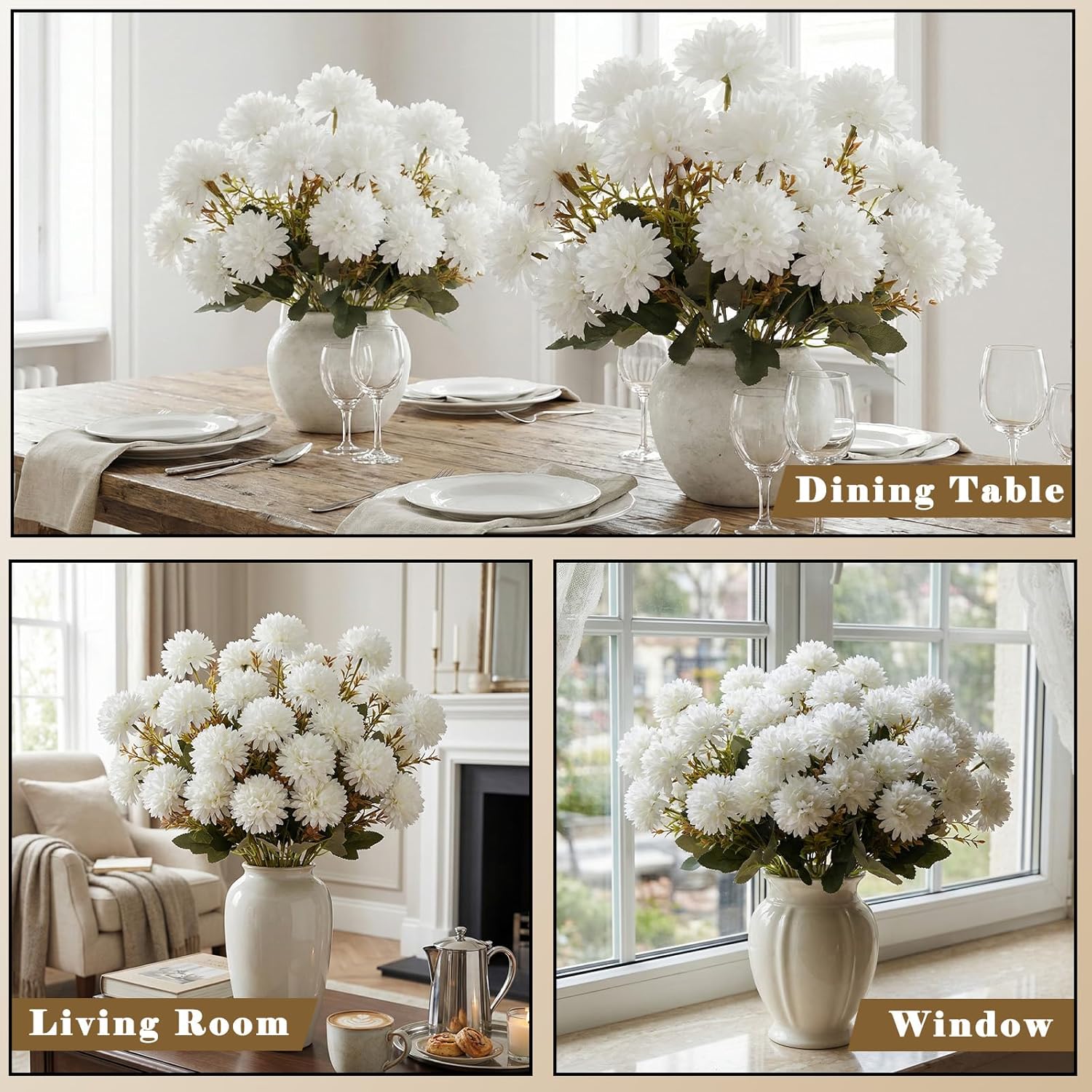12PCS Artificial Mum Flowers for Outdoor, Cream White Faux Chrysanthemums Outdoor UV Resistant Silk Flowers for Pot Porch Vase, Memorial Day Cemetery Grave Decorations, Wedding, 72 Flower Heads