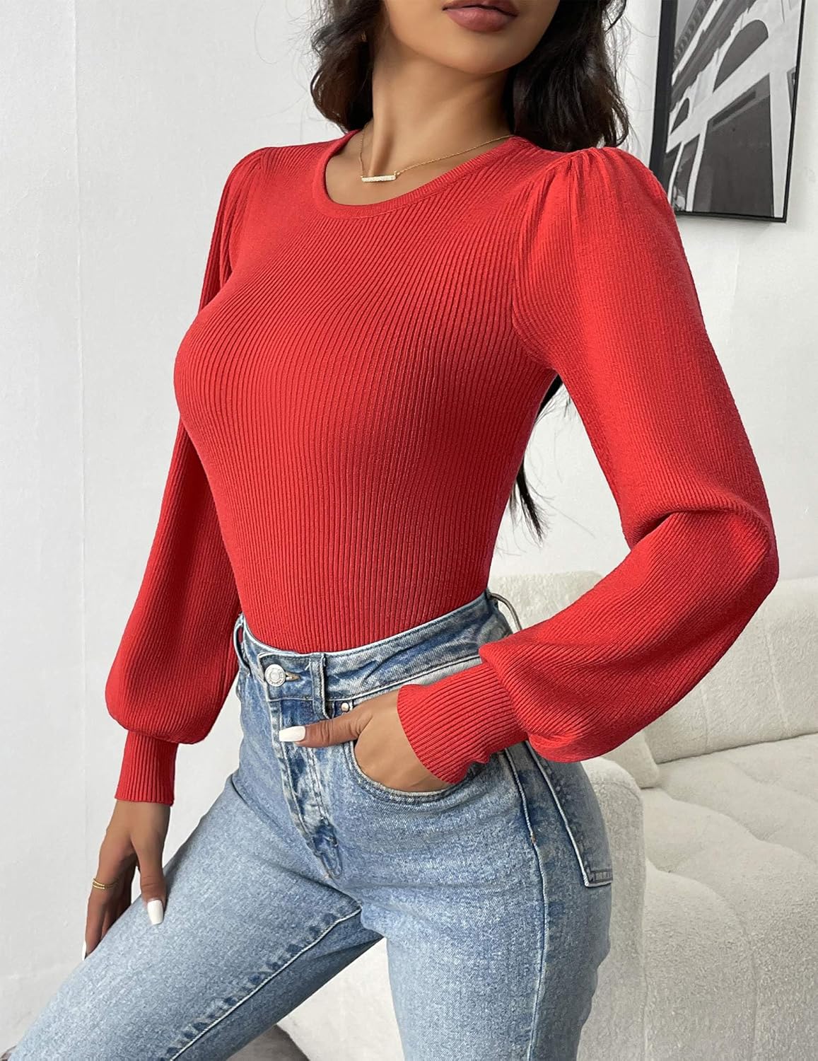 Zeagoo Women 2026 Long Puff Sleeve Sweater Fall Slim Fit Pullover Tops Crewneck Ribbed Knit Bodysuit Jumpsuit - Image 5
