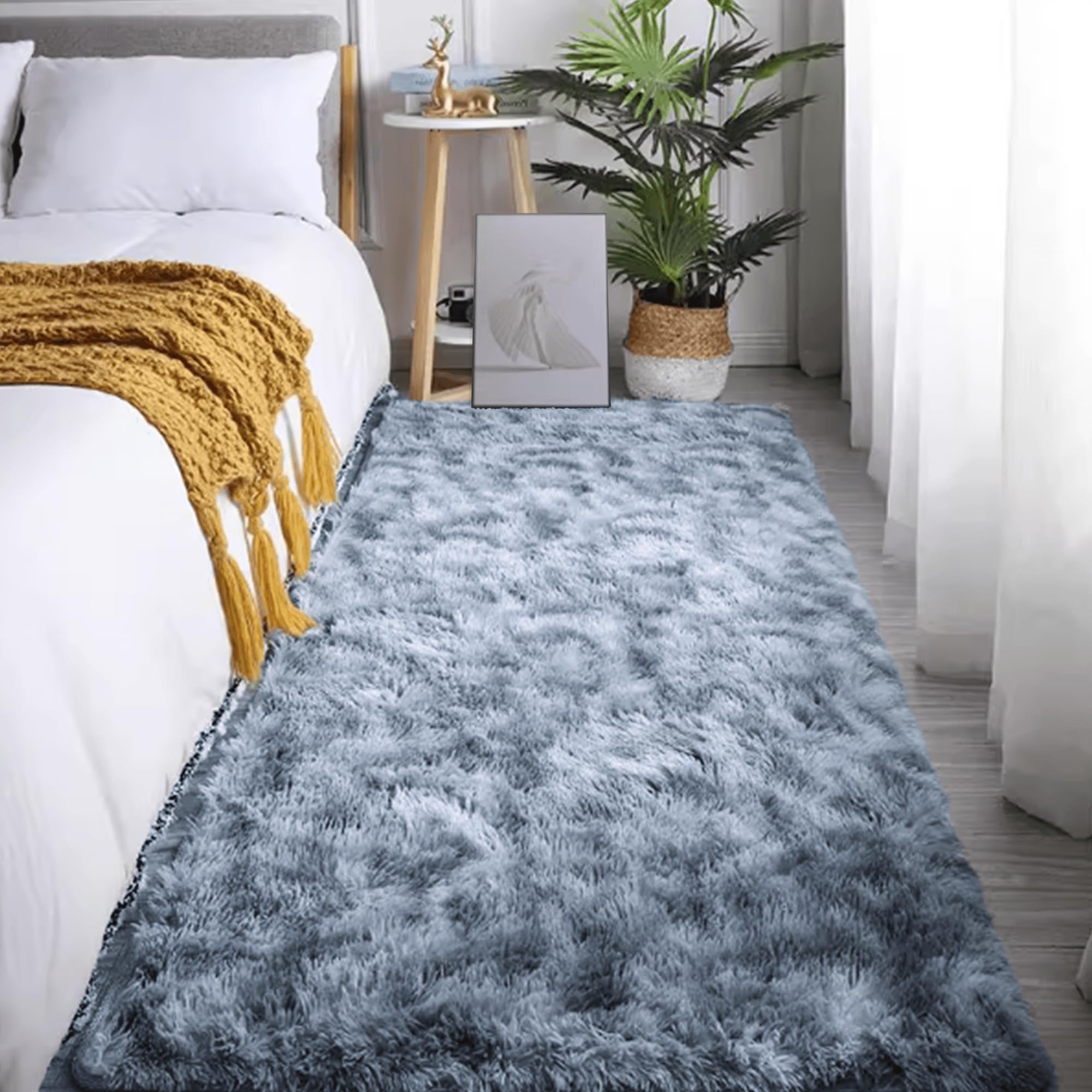 Tapis de sol 100 x 260 cm poil long doux tapis moelleux gris