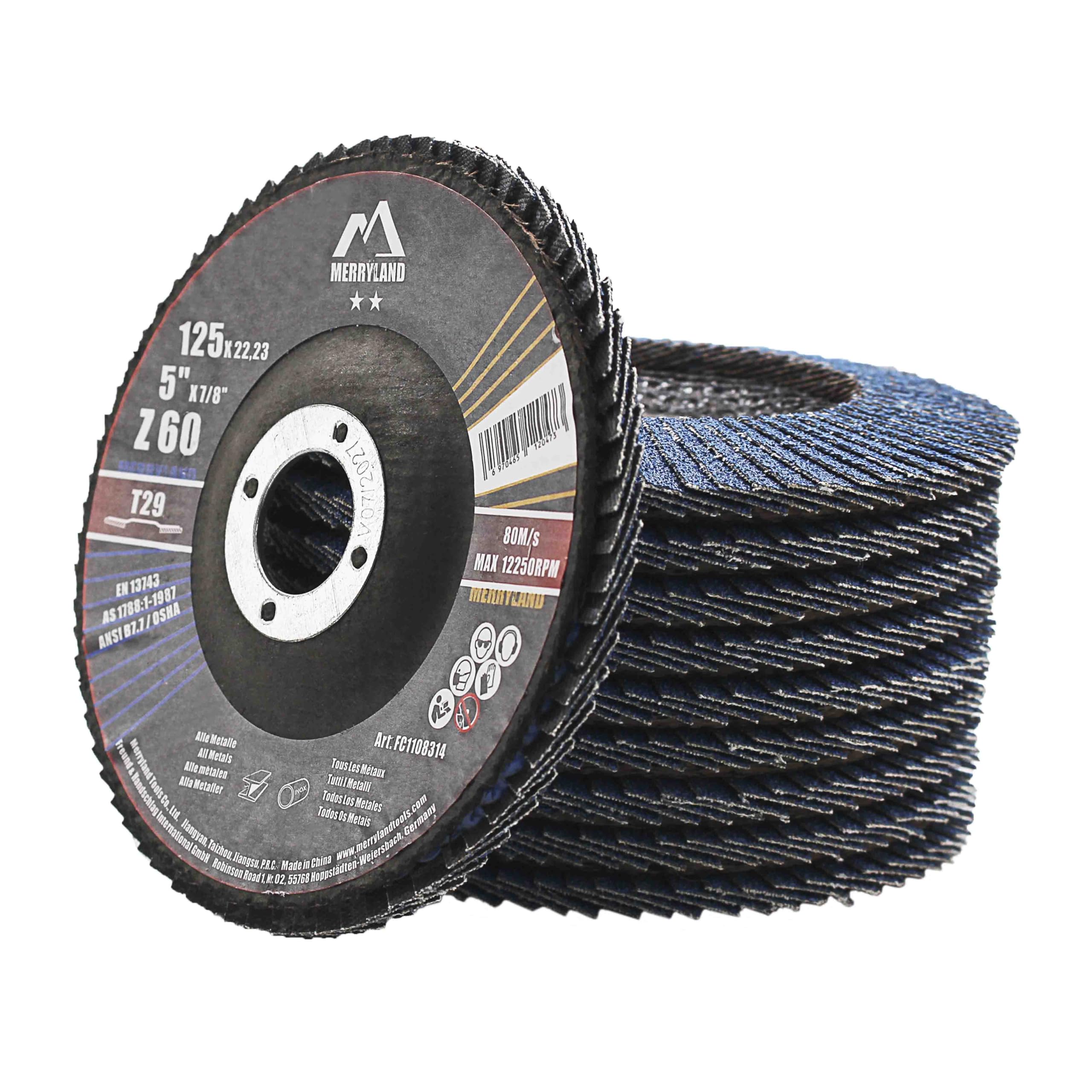 Merryland Flap Disc 5 inch Metal for Angle Grinder, 5inch 60 Grit T29 Flap Wheel 10 Pack, Blue Zirconium Corundum INOX Stainless Steel Iron Universal,