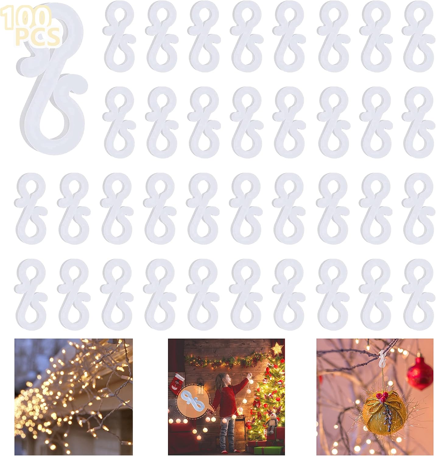 LIHAO 100 PCS Gutter Hooks Plastic Ornament Hooks Christmas Light Clips