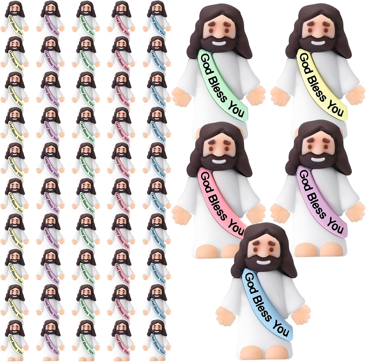 Bememo 50 Pcs Little Jesus Figurines God Bless You Small Rubber Jesus Toys Doll Easter Egg Stuffer Religious Prefilled Craft for Baptism Sunday School(Multicolor)