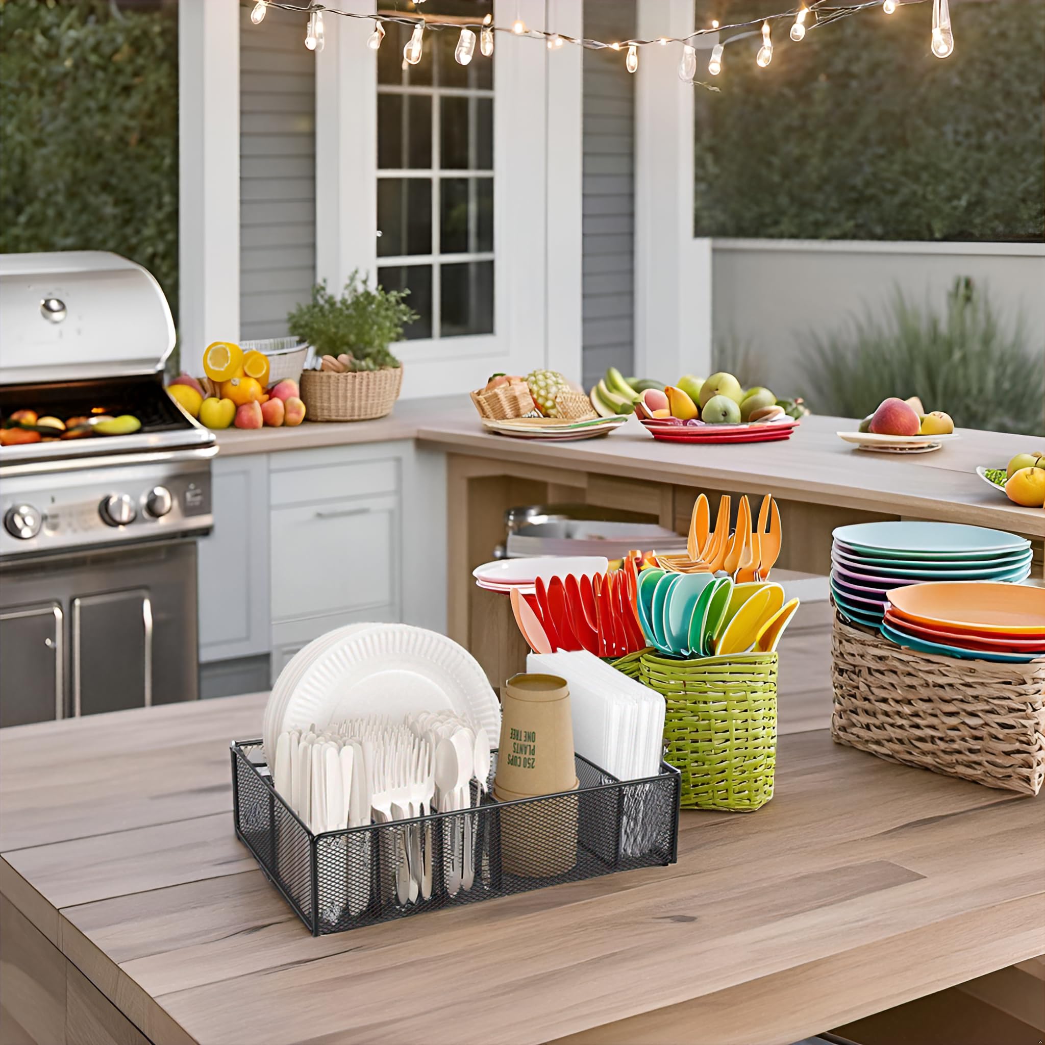 ZZDWLDHA Paper plate organizer for Kitchen Countertop,Flatware Utensil Caddy,Utensil Holder Organizer with 6 Compartments for for Kitchen,Picnic,Indoor/Outdoor Dinner Parties,BBQ