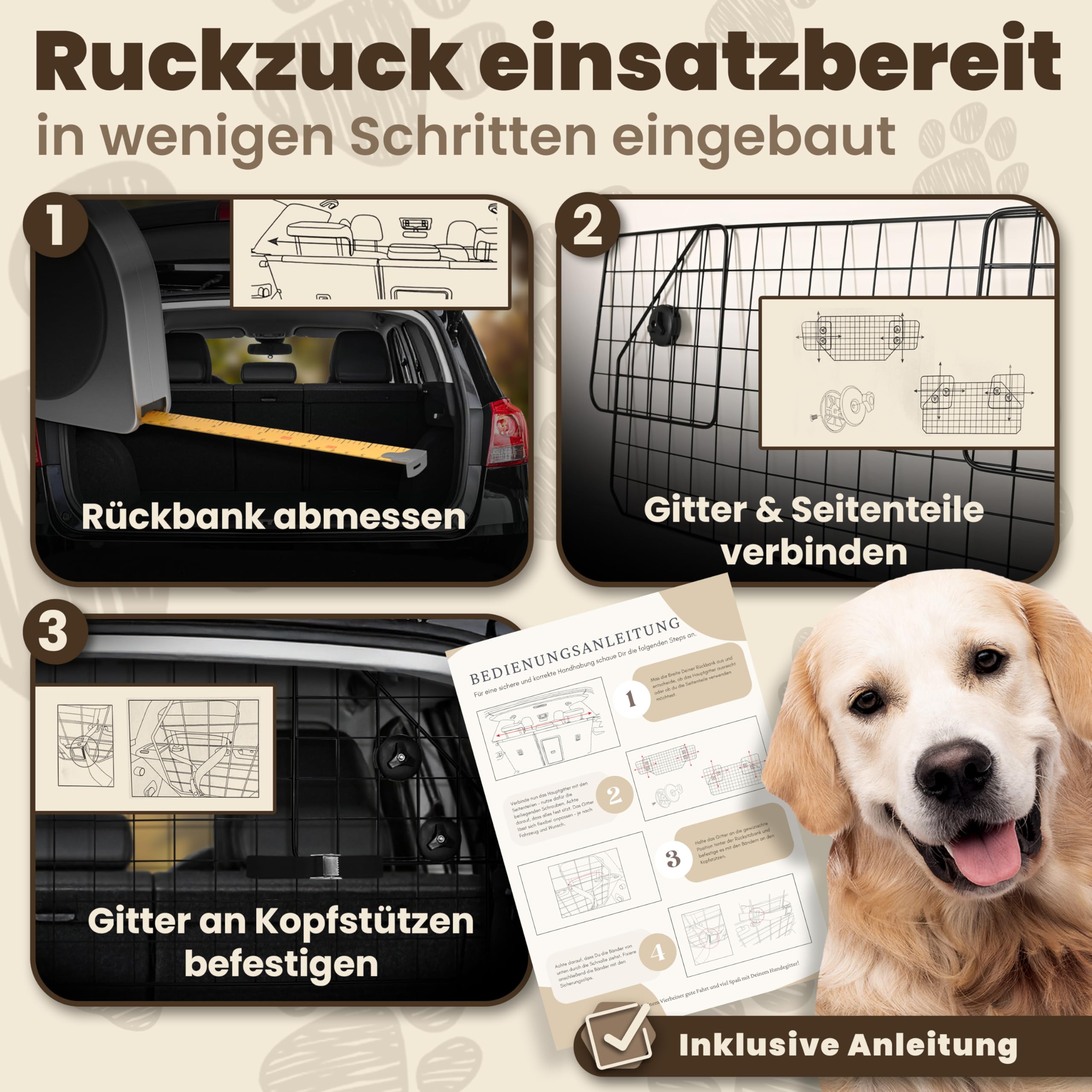 Hundegitter Auto Kofferraum - Universell passendes Trenngitter Hund - flexibel einstellbar in Breite und Höhe - zur Befestigung an den Kopfstützen - stabil & sicher