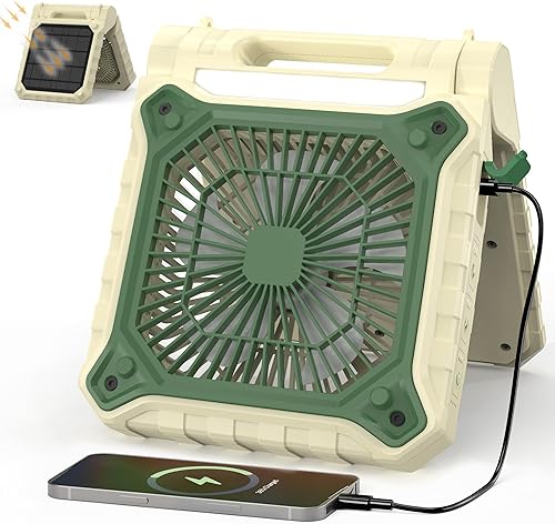 Miniatura 9 de KITWLEMEN Ventilador solar de campamento con linterna, ventilador de batería recargable, tiempo de funcionamiento máximo de 18 horas, 4 velocidades,