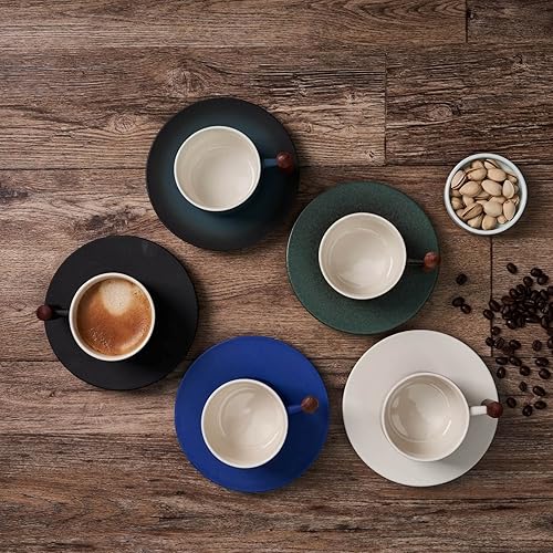 Miniatura 3 de Taza de café expreso de cerámica de 6 oz y platillo de porcelana con mango de madera, taza de capuchino taza Demitasse (azul-2)