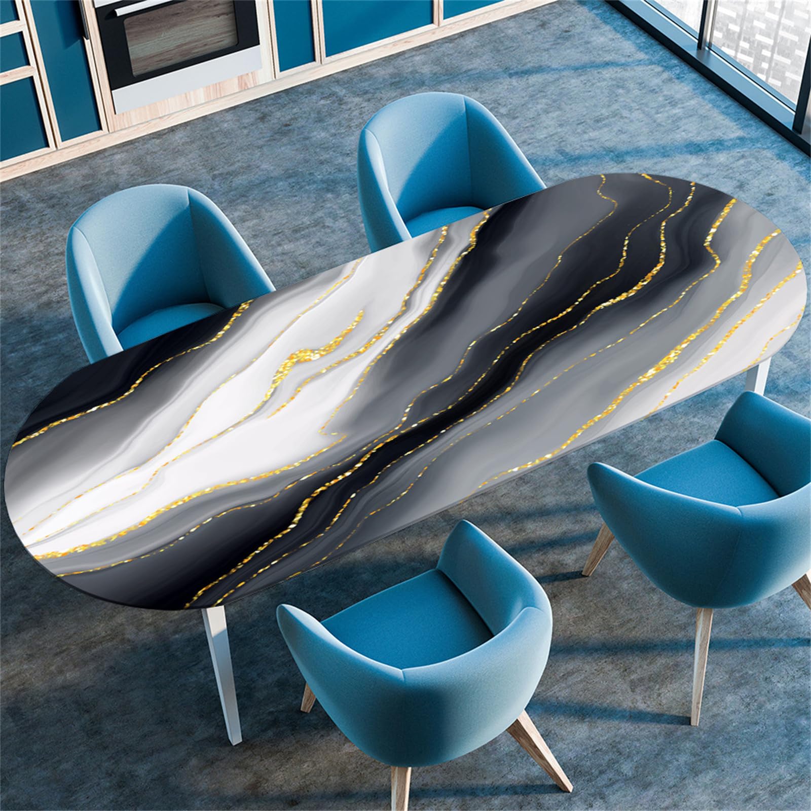 Treer Marble Print Oval Fitted Tablecloth, Antifouling Table Cloth Wipe Clean Tablecloth,Tablecloths with Elastic Edge,for Kitchen Dinning Outdoor Oval Tablecloth (91x152cm/36 x60,Gray Gradient)