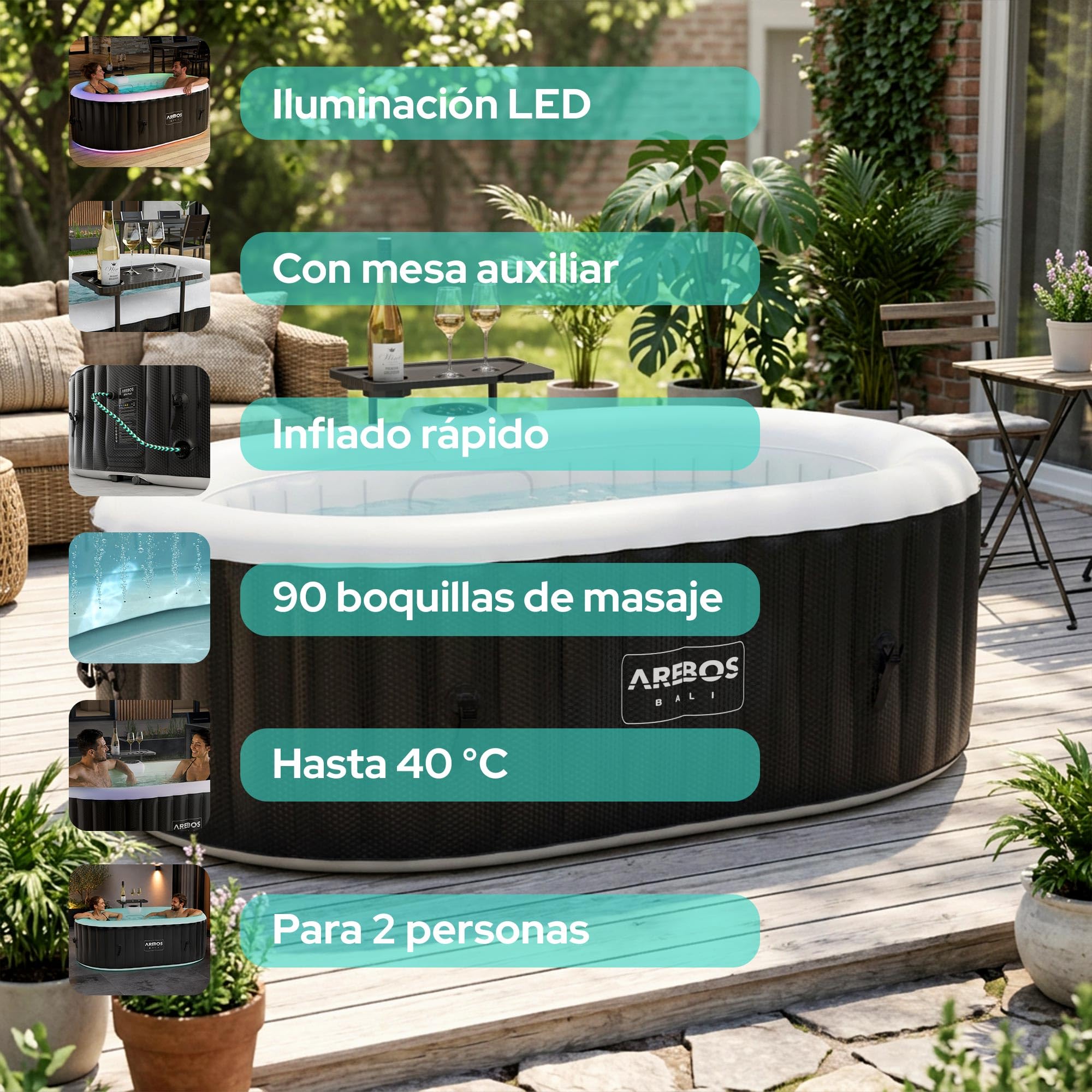 Arebos Bañera de hidromasaje con iluminación LED | SPA Hinchable | Interior y Exterior | 190x120 cm Ovalada | 2 Personas | 90 chorros de Masaje | con calefacción | 550 litros | Incl. Cubierta
