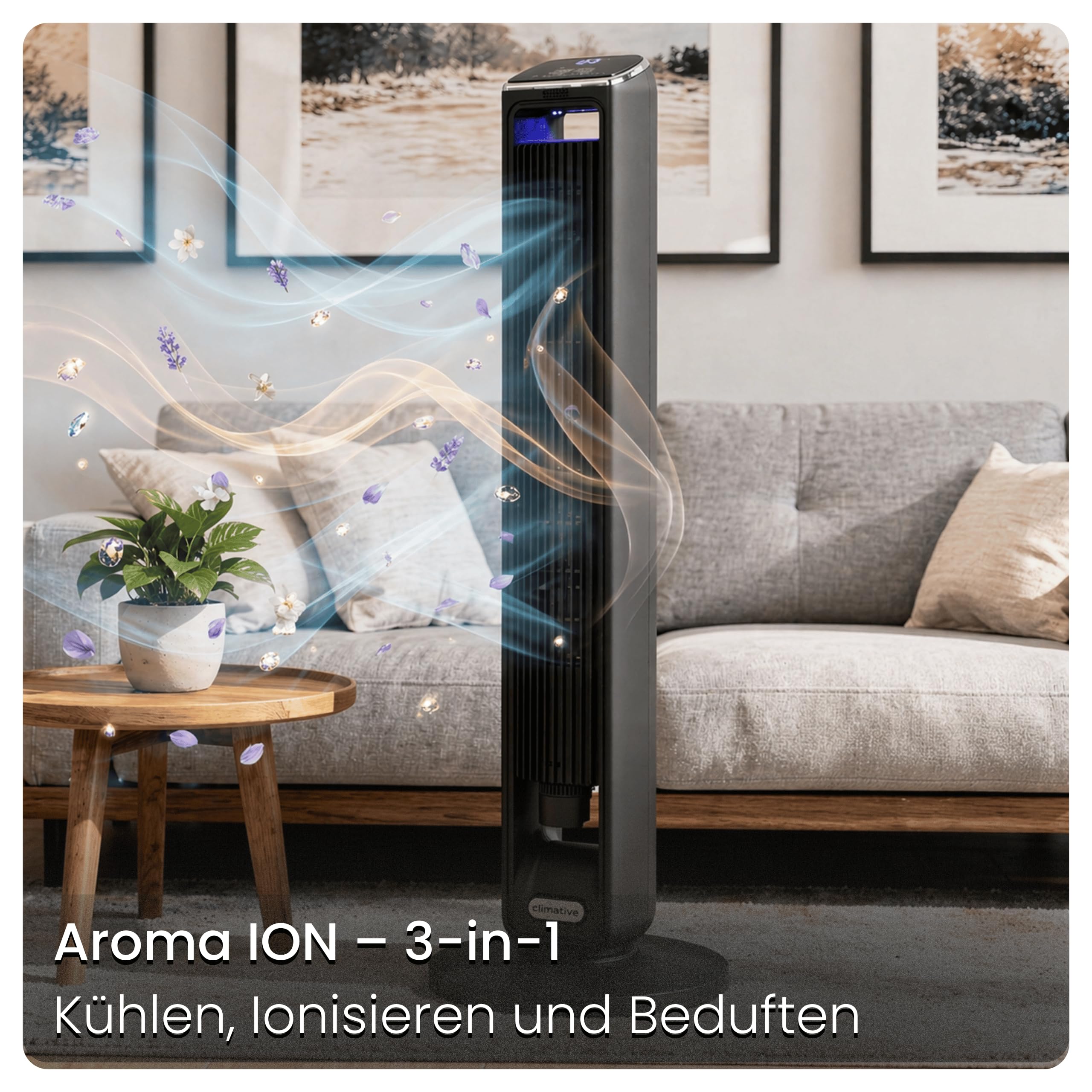 Turmventilator ION 107cm WiFi Tuya, Ionisator & großes Duftfach, Starker 6m/s Wind, 90° Oszillation, 15h Timer, LED Display, Design Standventilator, Tower Fan, Ventilator