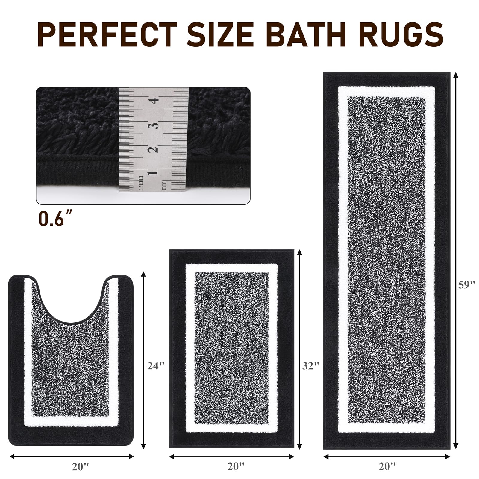 Pauwer Set di tappeti da bagno 3 pezzi tappeti da bagno doccia con contorno a forma di U tappetino da bagno assorbente in microfibra tappetini da bagno antiscivolo lavabili in lavatrice tappetini da