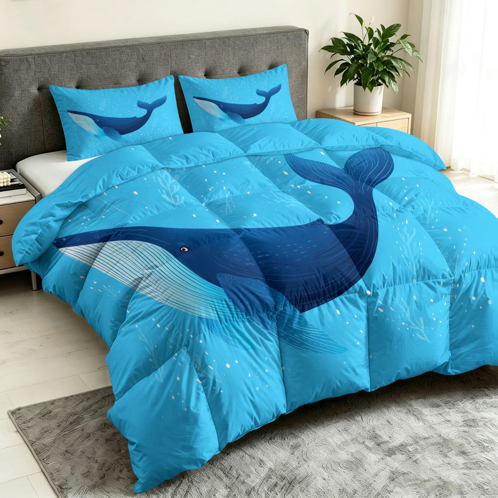 Kołdra z motywem oceanicznym, 135 x 200 cm, na 4 pory roku, dwustronna, morze, błękitny wieloryb, trawa morska, poszewka na kołdrę bez poszewki, przyjazna dla skóry, miękka, całoroczna kołdra z 2