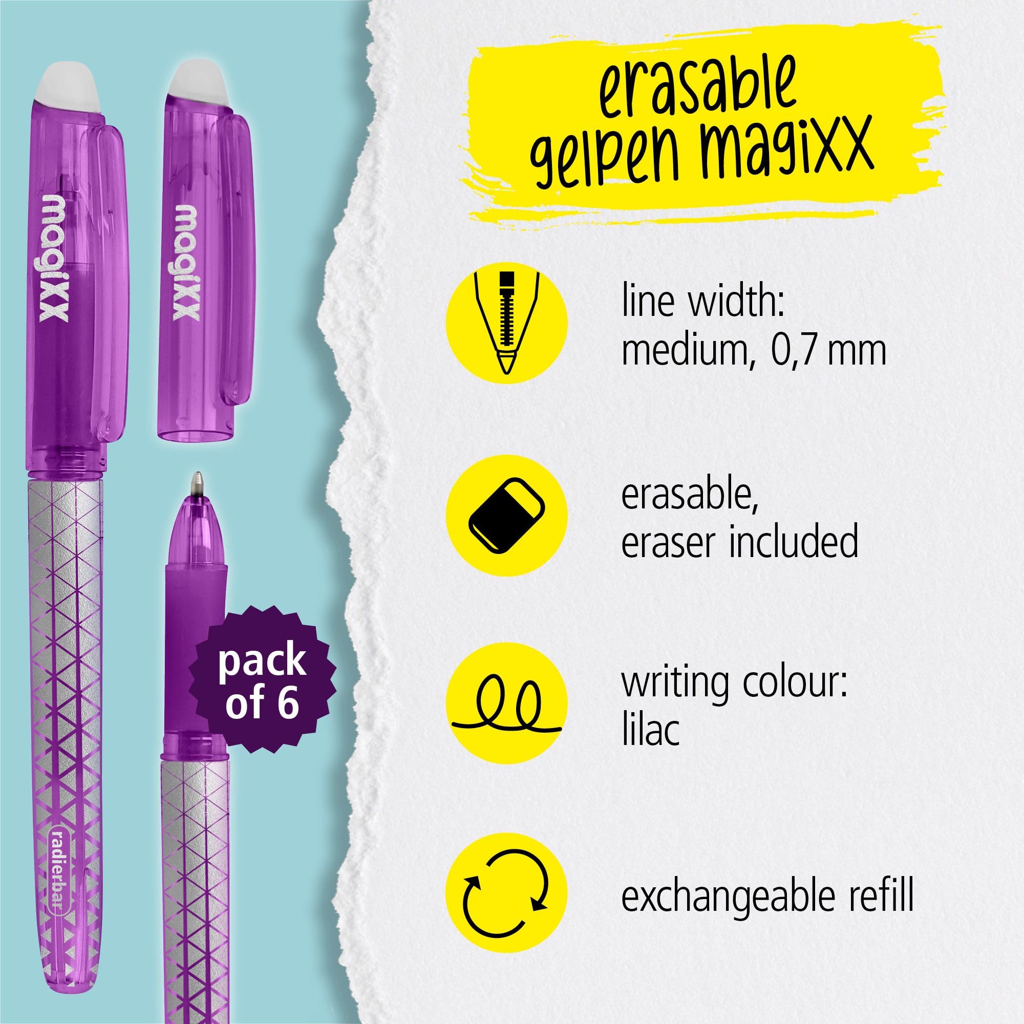 Online MagiXX Erasing Pens, 6 x Gel Pens Purple with 0.7 mm Line Width - Image 2