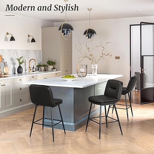 Miniatura 3 de Juego de 2 taburetes de bar tapizados de doble capa para isla de cocina, pub, taburetes de bar de piel sintética con respaldo, sillas de bar de 30