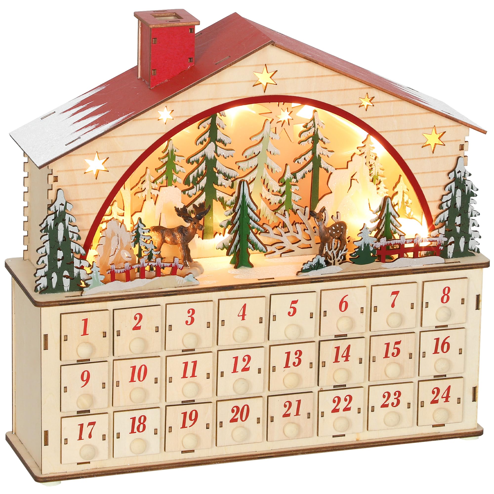 HOMCOM Calendario de Adviento para Rellenar de Madera, con Luces LED y 24 Cajones, Calendario de Adviento de Navidad Reutilizable con Escena de Pueblo, Decoración Navideña, 36x10x34 cm, Natural