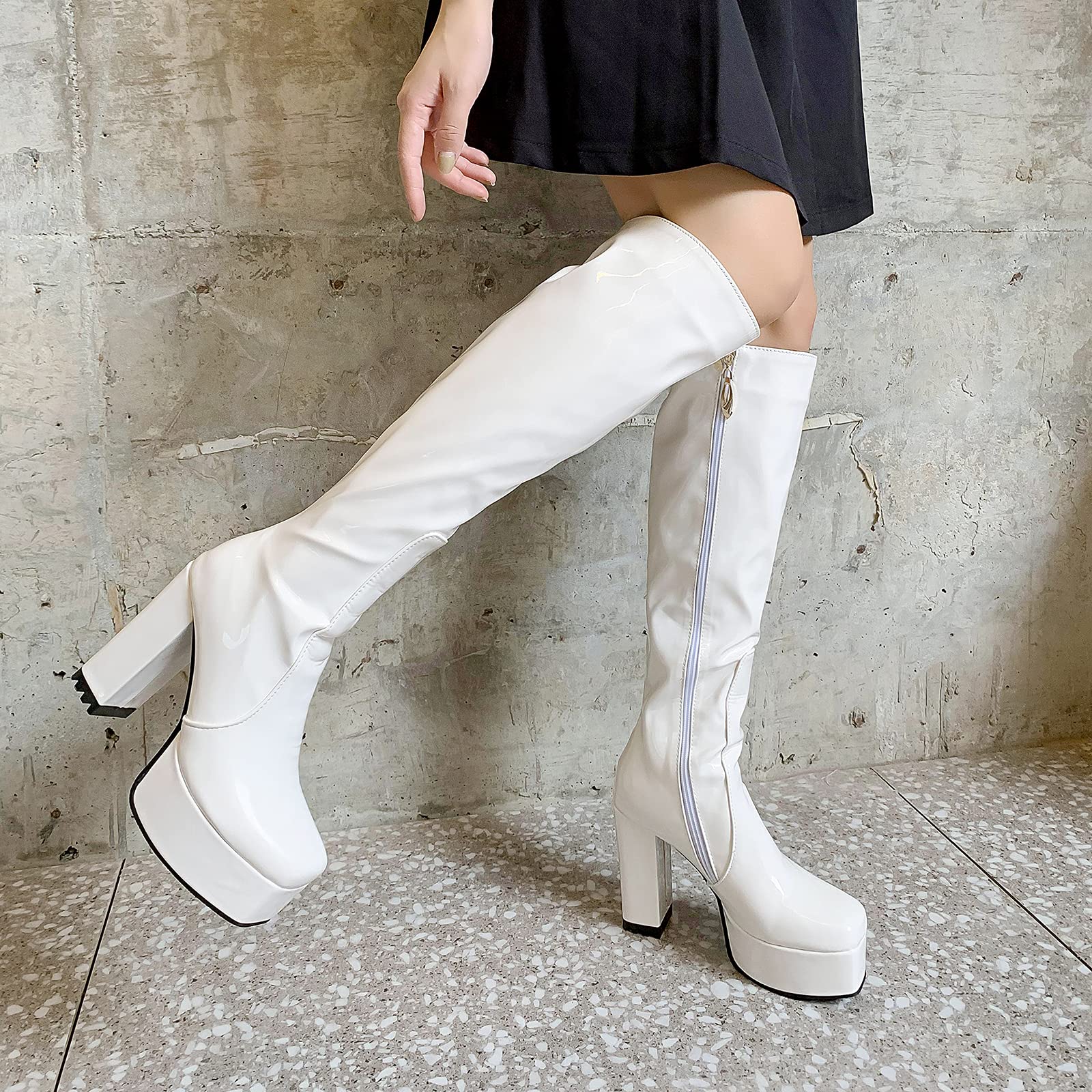 CUTEHEELS Damen Stiefel Lack Kniehoch Blockabsatz Plateau Reißverschluss