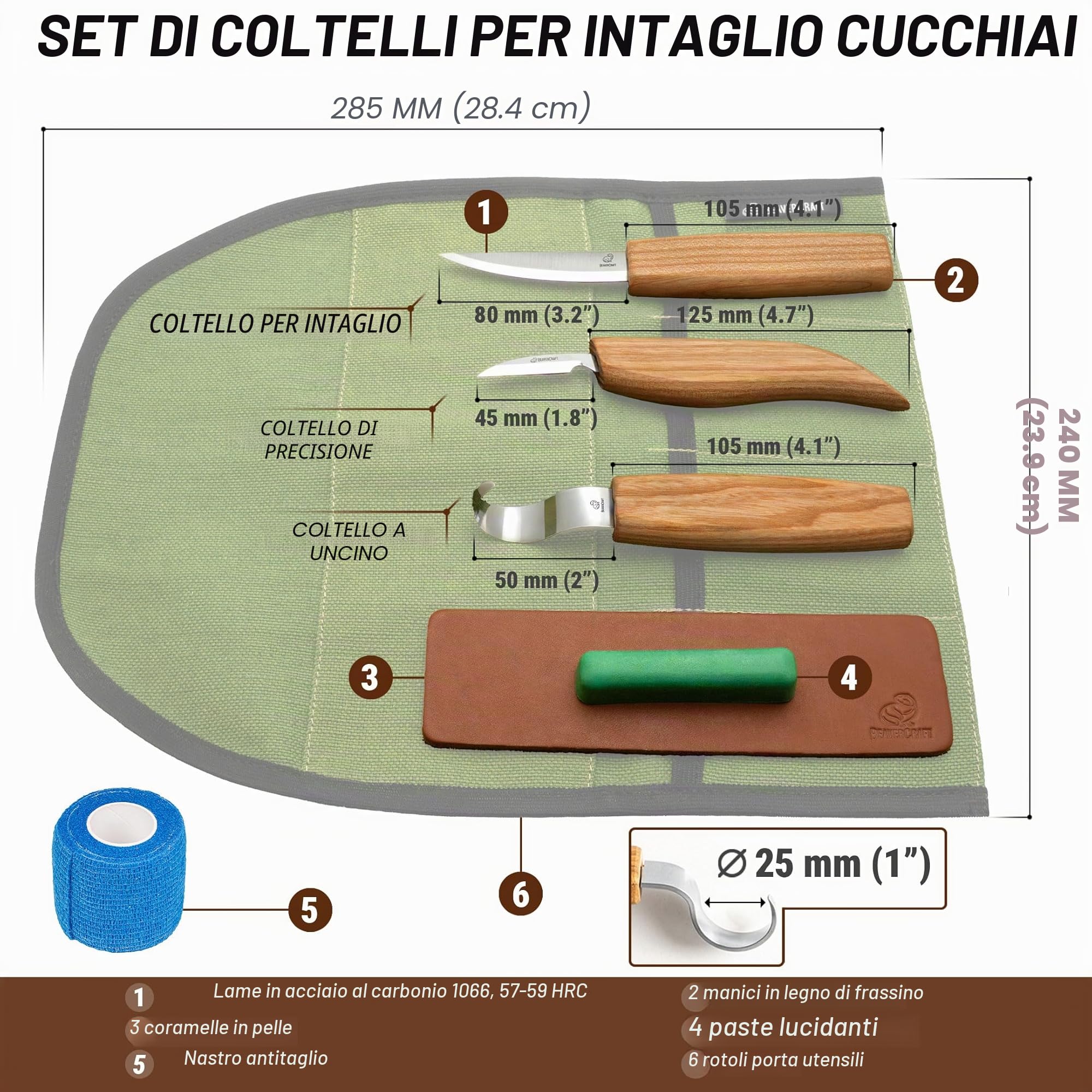 BeaverCraft S13 Kit per intaglio del legno con 3 coltelli - Set utensili per cucchiai, scultura e falegnameria, per principianti destrimani, con coltello a uncino
