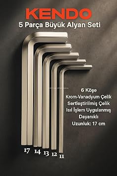 Kendo 5 Parça Büyük Alyan Seti, Krom-Vanadyum Çelik, Alyan Anahtar Takımı, Sertleştirilmiş Çelik, Isıl İşlem Uygulanmış, Dayanıklı, Tamirat Aleti, Kavisli ve Estetik Tasarım