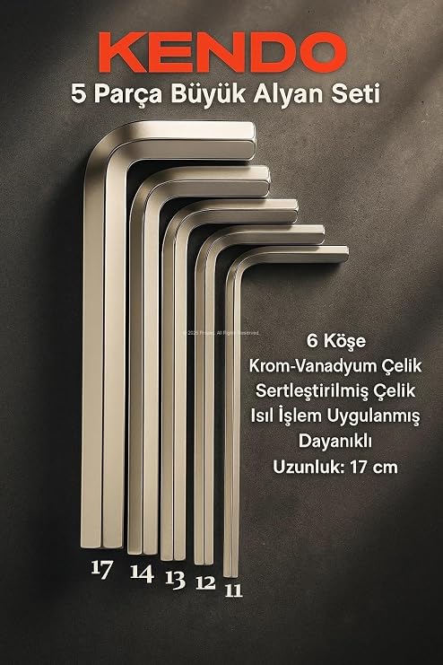 Kendo 5 Parça Büyük Alyan Seti, Krom-Vanadyum Çelik, Alyan Anahtar Takımı, Sertleştirilmiş Çelik, Isıl İşlem Uygulanmış, Dayanıklı, Tamirat Aleti, Kavisli ve Estetik Tasarım